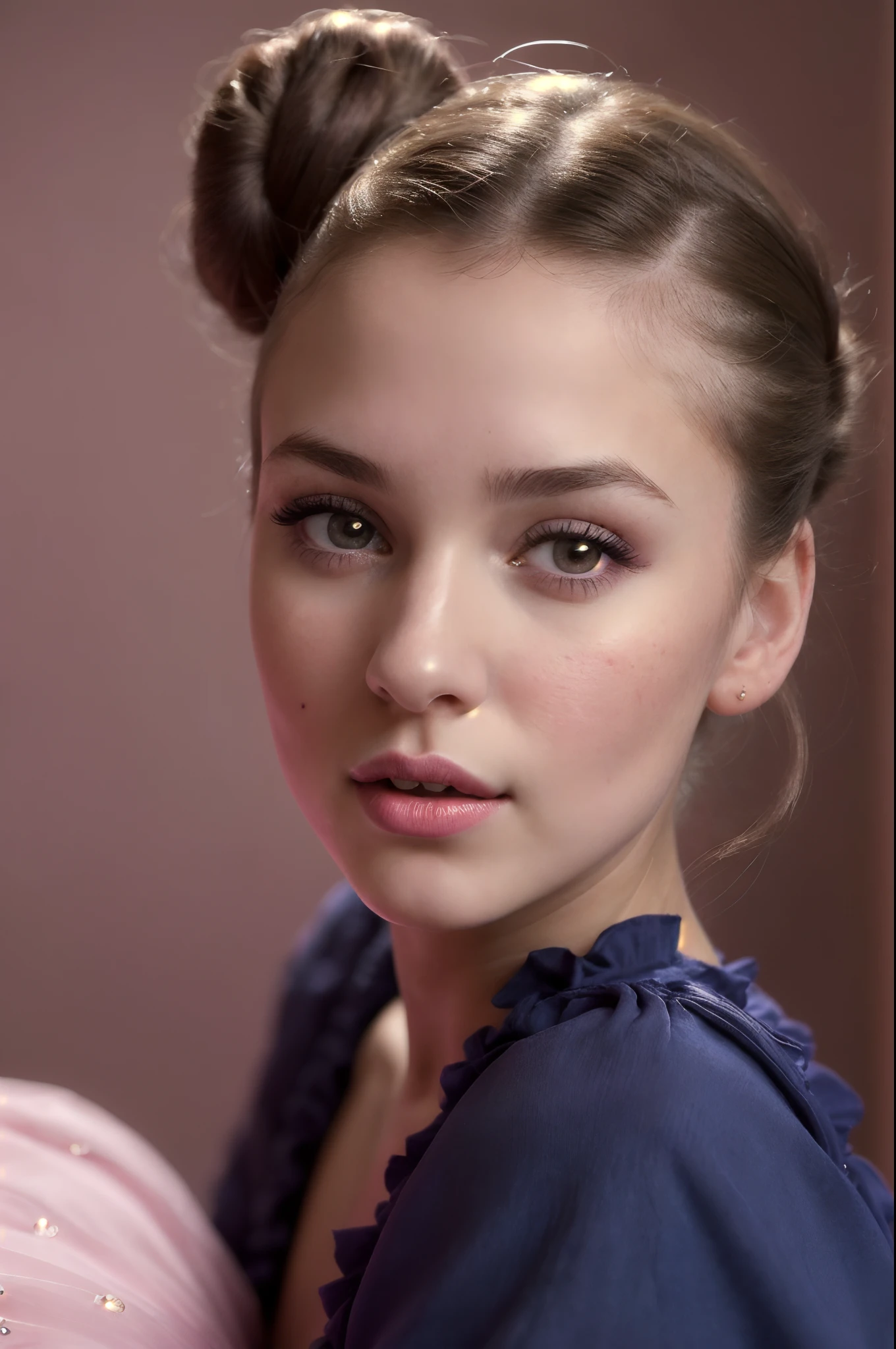 candid photo of a cute young woman ((Joana Gates)) , 25 years, extremely detailed eyes, beautiful face, sweet pink lips, detailed natural skin with pores,  ((gorgeous dress 1.5)), with bun hair  masterpiece, award winning photography, lighting, perfect composition, high detail, hyper realistic, dramatic lighting, epic, Burgundy and dark_blue colors