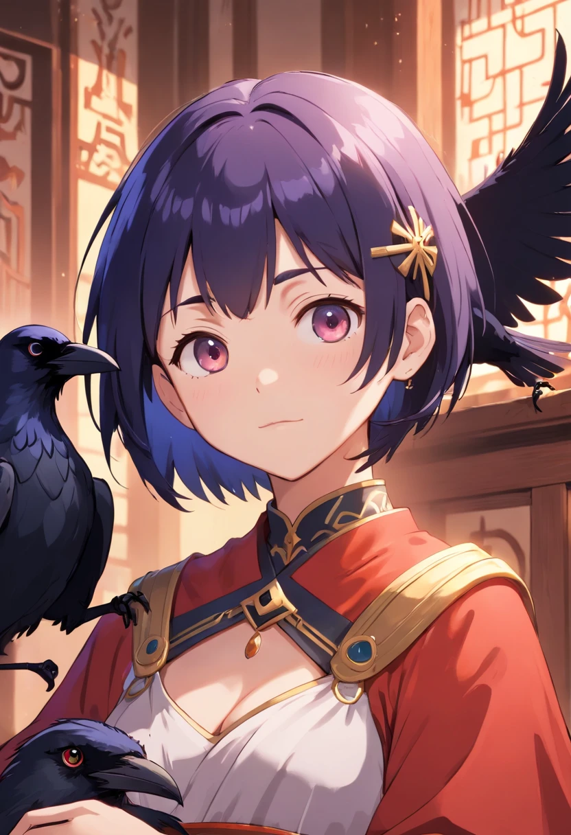 ((little girl raven)), ((all colors short hair)), ((dark priestess Miko)), 8k, (big tits), a close look, sits