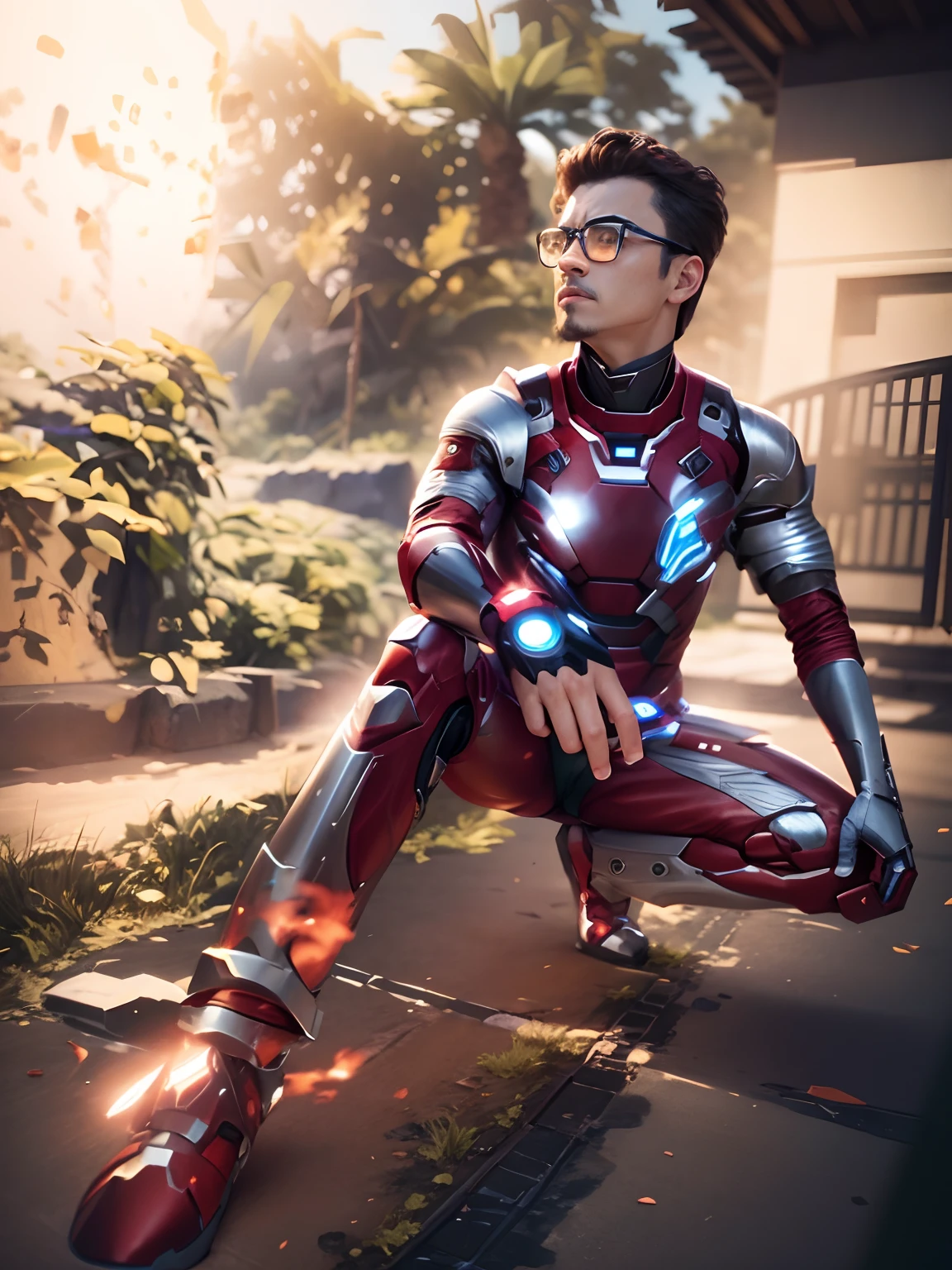 Ironman armor clear face 4k city background leather outfit weapons in hands repulsars