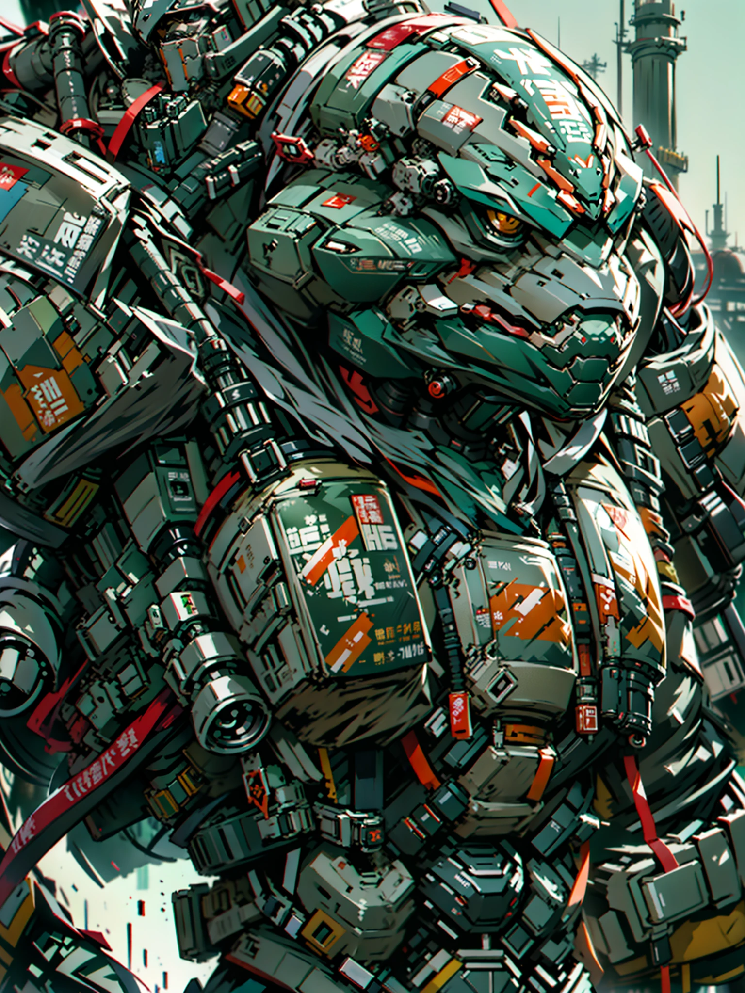 ((masterpiece)), ((best quality)), 8k, high detailed, ultra-detailed, mechanical ninja turtle head, wearing ninja mech clothing, big shell, bulky armor, massive weapon, ninja element, big mecha robot