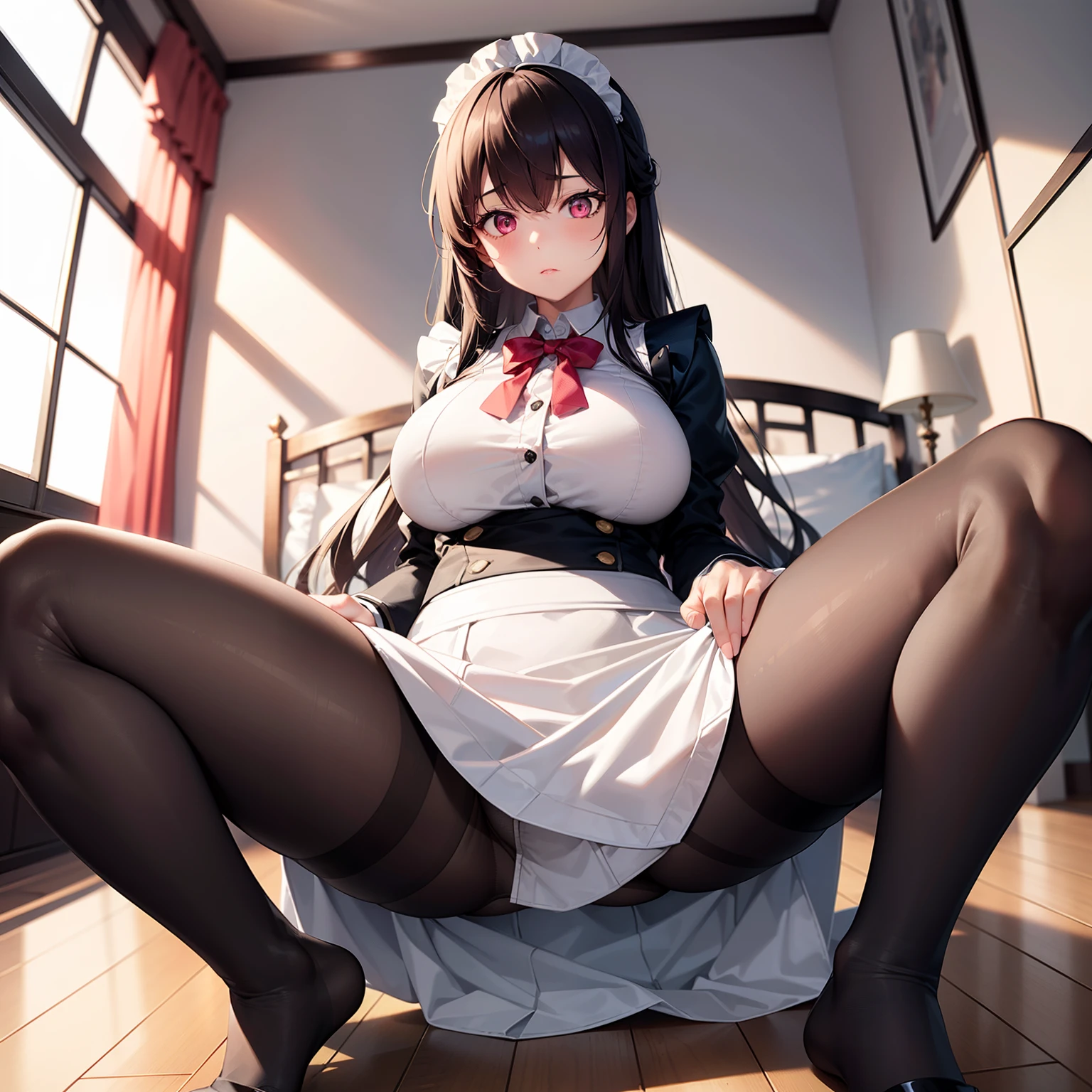 1girl,big breasts, closed breast, very long hair,open jacket,white shirt, long skirt, bedroom, , spread legs, Sitting, legs focus, pantyhose, full body, pink eyes, very low angle, under floor perspective, looking down, under skirt perspective, ant POV, foreshortening,maid