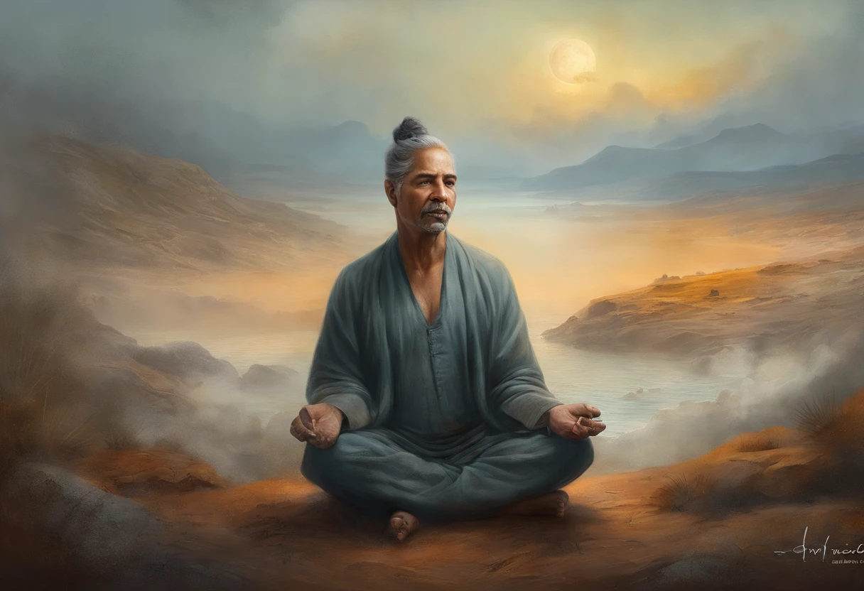 homem maduro, sitting in a meditation position, diante de um orisonte lindo, com o sol se pondo, in connection with the divine, Foto retrato, Directed by: Drew Tucker, Directed by: Adam Marczyński, Directed by: Alexandre Kucharsky, Directed by: Gavin Nolan, Surrealismo 8K, Directed by: Jason Felix, Yuri Shwedoff e Tom Bagshaw, arte ilustrativa, Estilo Erik Johansson