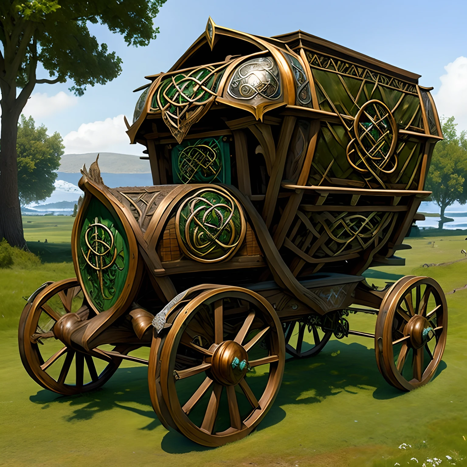 Model
RPG
CeltPunkAI: an unusual carriage made of bronze stands on the road ,Its wheels are visible , Trees and birds are painted on the body of the carriage , Front light