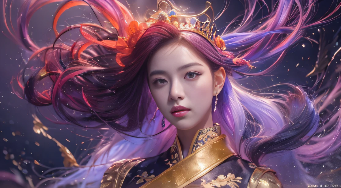 32K(tmasterpiece,k hd,hyper HD,32K)Long flowing bright purple hair,Autumn Pond,zydink, a color, Asian people (Playful girl), (Silk scarf), Combat posture, looking at the ground, long whitr hair, Floating bright purple, Fire cloud pattern gold tiara, Chinese long-sleeved gold silk garment, (abstract ink splash:1.2), smoky background,Lotus protector(realisticlying:1.4),Bright purple hair,Smoke on the road,The background is pure, A high resolution, the detail, RAW photogr, Sharp Re, Nikon D850 Film Stock Photo by Jefferies Lee 4 Kodak Portra 400 Camera F1.6 shots, Rich colors, ultra-realistic vivid textures, Dramatic lighting, Unreal Engine Art Station Trend, cinestir 800,Long flowing bright purple hair
