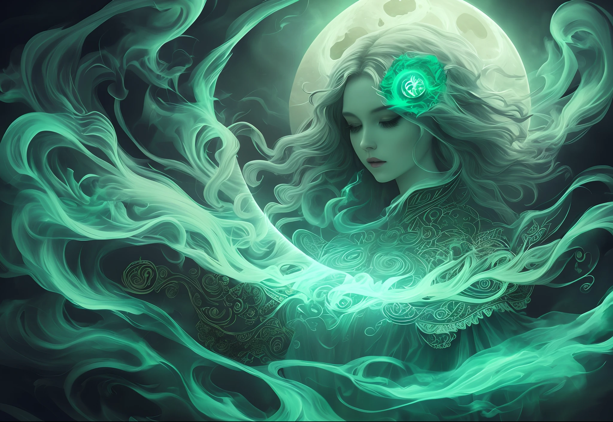 the horror of the sun and moon, Instagram, Pinterest, art station, ai art, digital paint, smoke, mist, vapor, wind, swirls, Emerald color, chaos, intricate details, intricate design, beautiful pose, a beautiful witch woman, blah pumpkin background