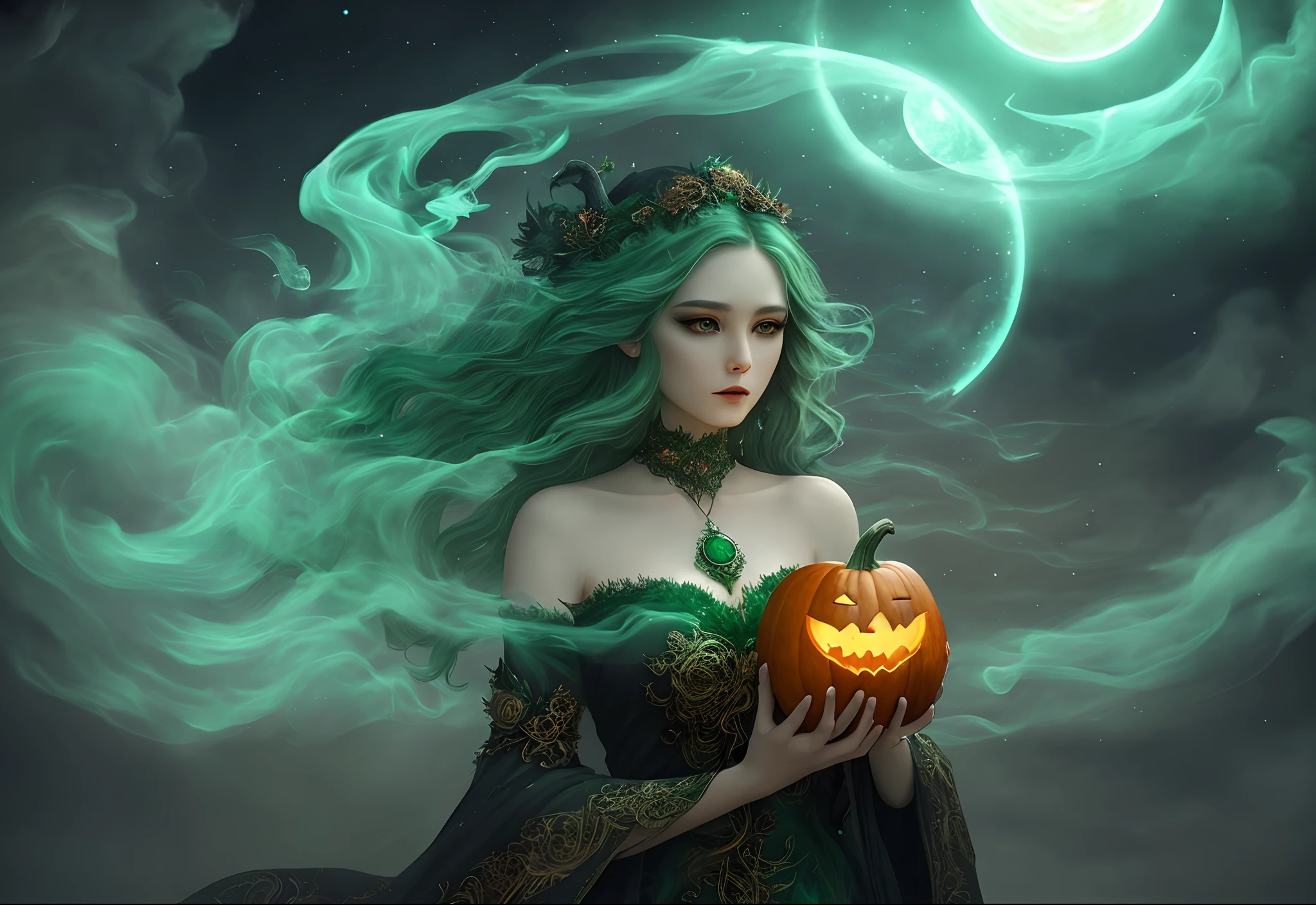 the horror of the sun and moon, Instagram, Pinterest, art station, ai art, digital paint, smoke, mist, vapor, wind, swirls, Emerald color, chaos, intricate details, intricate design, beautiful pose, a beautiful witch woman, blah pumpkin background