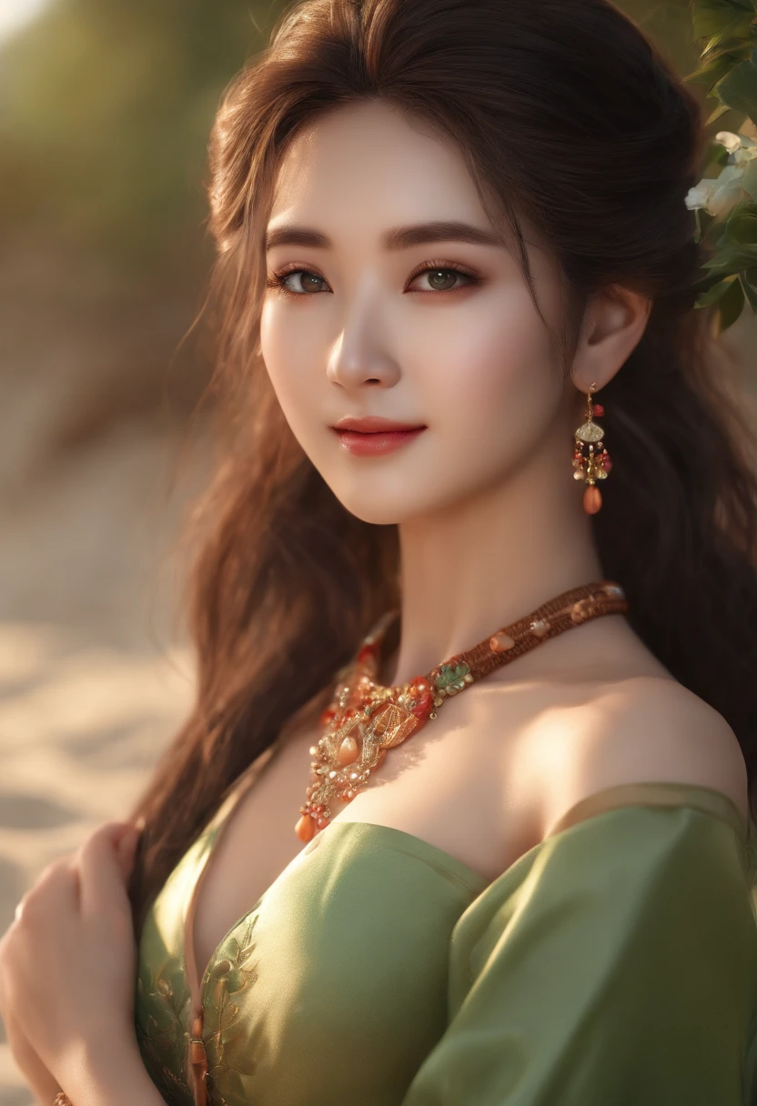 (upper body), (best quality:1.1) ,(photorealistic:1.1), (photography:1.1), (highly detailed:1.1), looking at viewer,armlet, Jade bracelet, eyelashes, happy, medium breasts,beautiful detailed girl, (extremely detailed eyes and face), (lighting on face),necklace,Colorful clothes, [chinese clothes],[off shoulder], (solo:1.2), sandbeach,sand,Standing by the seaside, summer, (beautiful detailed sky),