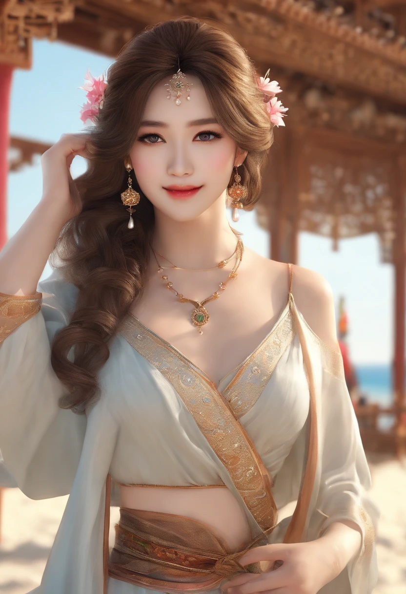 (upper body), (best quality:1.1) ,(photorealistic:1.1), (photography:1.1), (highly detailed:1.1), looking at viewer,armlet, Jade bracelet, eyelashes, happy, medium breasts,beautiful detailed girl, (extremely detailed eyes and face), (lighting on face),necklace,Colorful clothes, [chinese clothes],[off shoulder], (solo:1.2), sandbeach,sand,Standing by the seaside, summer, (beautiful detailed sky),
