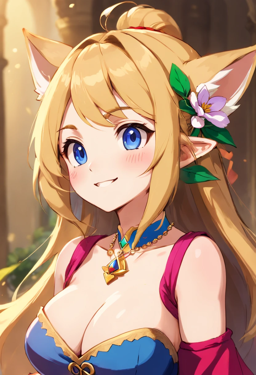 ((Best quality, 8K, Masterpiece: 1.4)),((Amazing detail: 1.3)),((illustration, Huge breasts: 1.2)),((High resolution1.1)),1girll,fox spirit,Kitsune,Hairstyle Casual,Fox ears,red hairband,flowers in head,wariza,Bandeau top,Anime style,Manga,Sexy,exposed,Makeup,torogao,Seductive smile,eyes half closed,Simple background,mitts,Bell necklace,Amazing art of painting,Colorful background,
