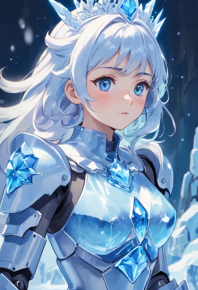 (beautiful ice beauty), (the ice queen power armor), (erotic pose), 8k, waist-length view, (arms crossed on the chest), sits, contemptuous look, the crown of sin