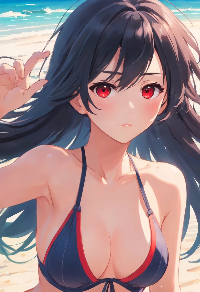 Women with black long hair, red eyes, wear a swimsuit, show her armpit in the beach 4k picture