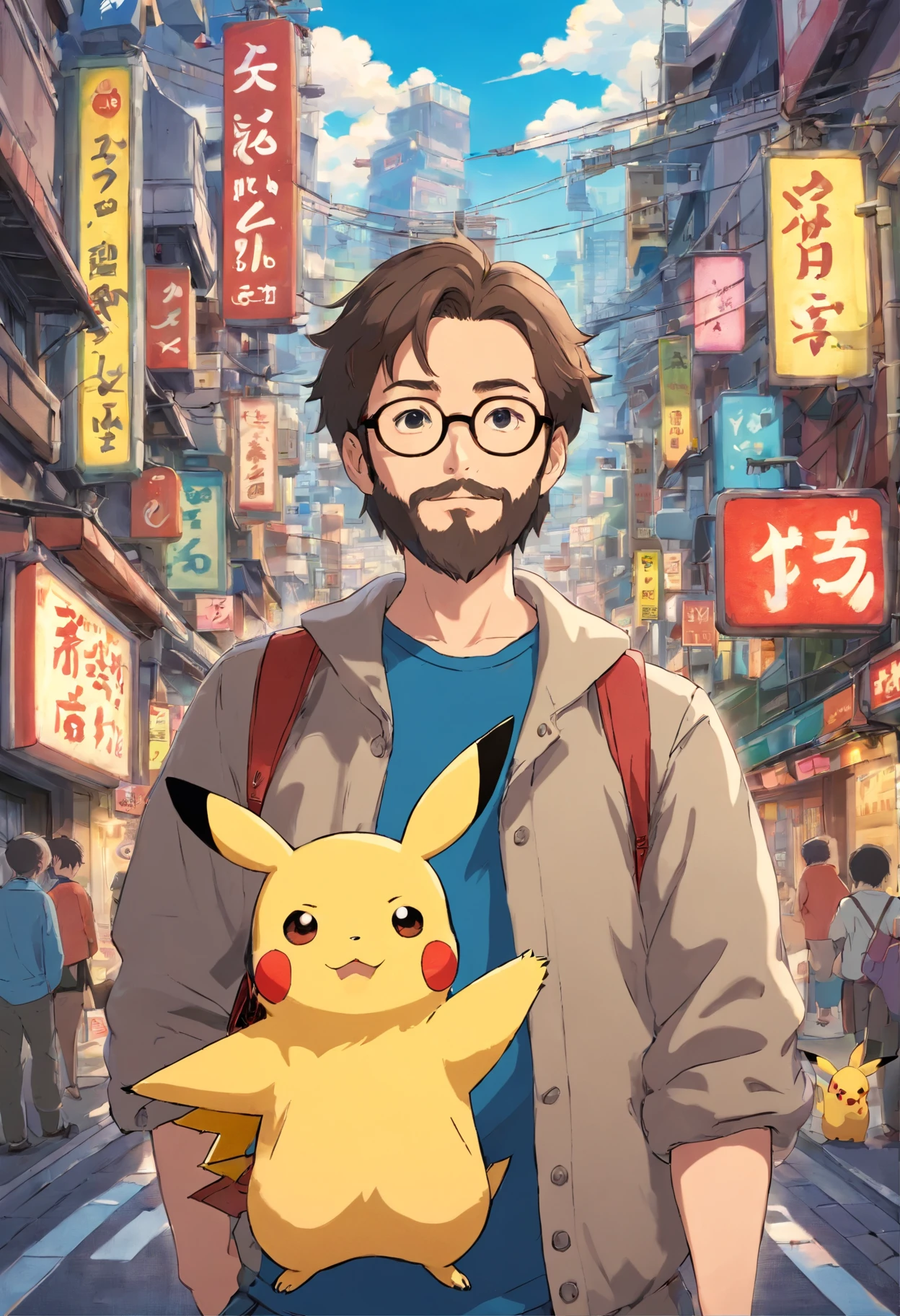 Homem moreno, of glasses and beard, with pikachu on his shoulder in the middle of Tokyo