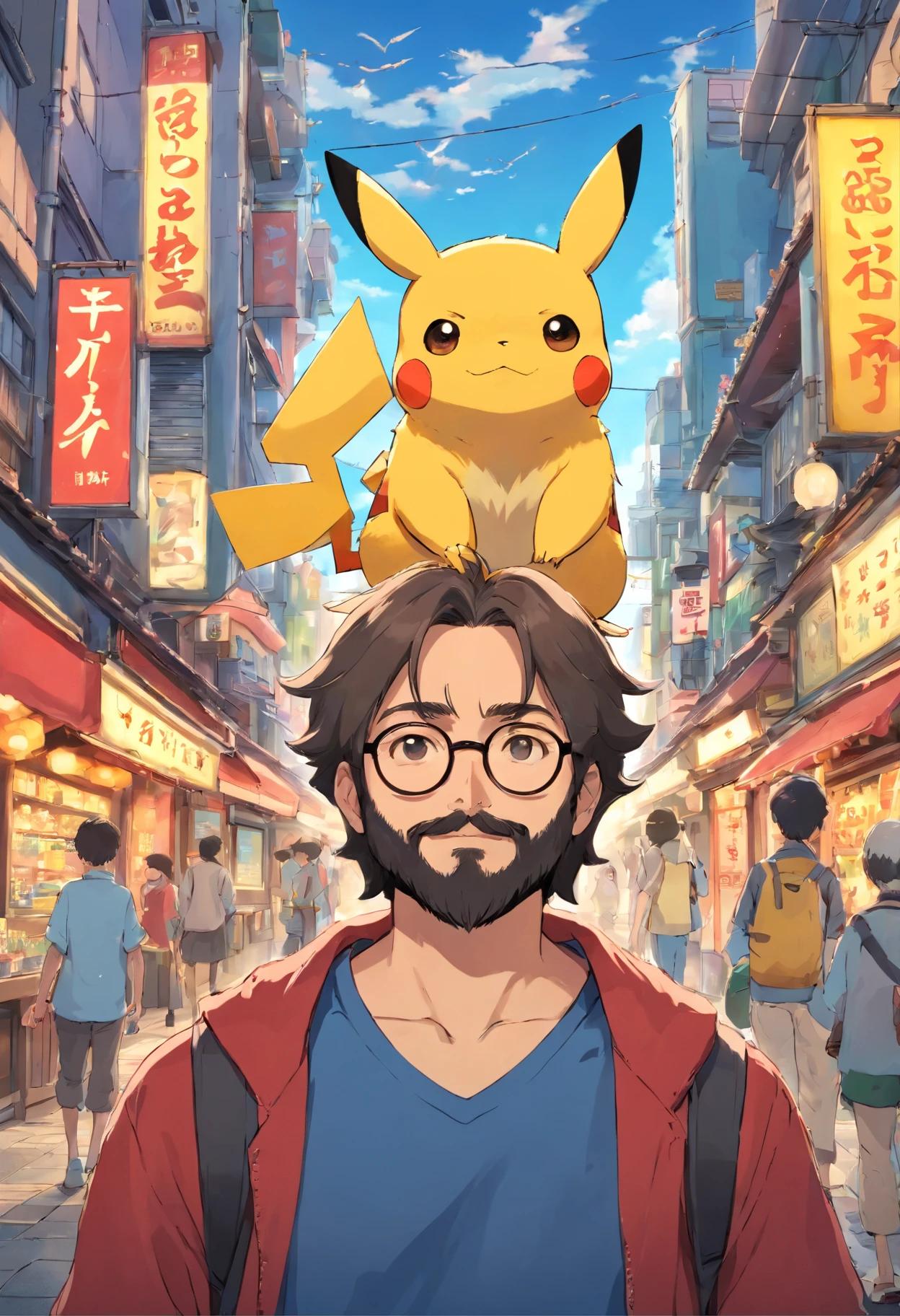 Homem de cor morena, of glasses and beard, with pikachu on his shoulder in the middle of Tokyo