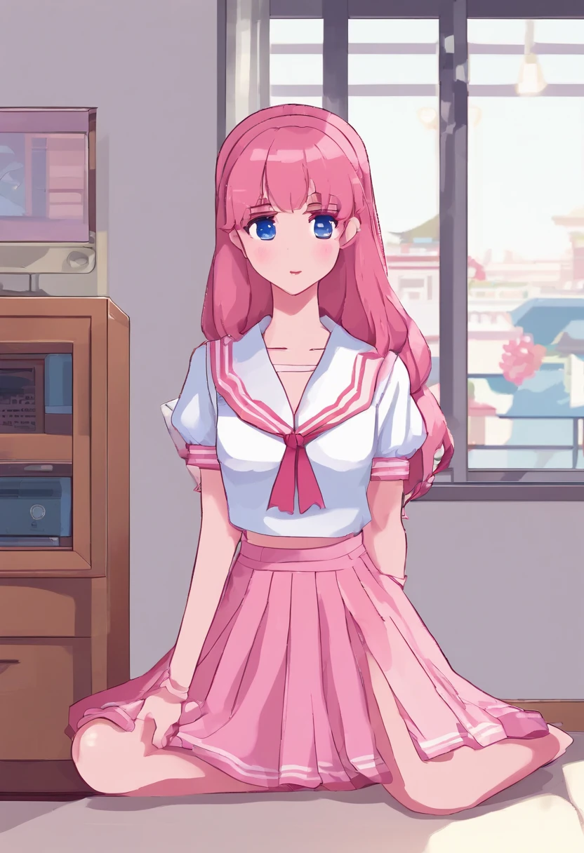 Beautiful illustration、top-quality、 s、Bedroom、A pink-haired、length hair、(((Pink pleated skirt)))、(((pink sailor suit)))、shortsleeves、Colossal tits、a navel、Flipping up the skirt with your hands、Show white panties、Pull up your skirt and show your panties、bare-legged、blue eyess、on the beds、lovely thighs、glowing thigh