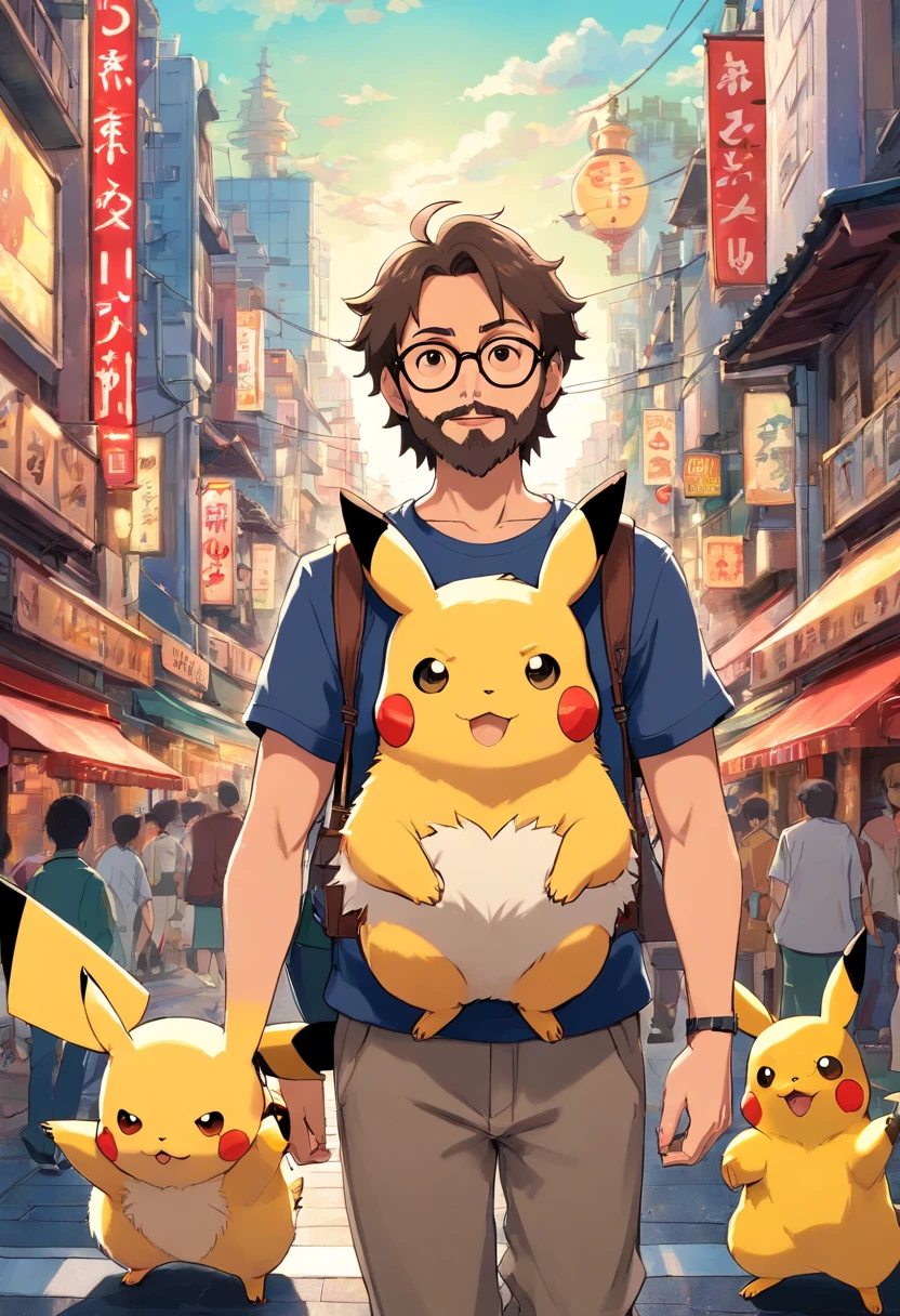 Homem de cor morena, of glasses and beard, with pikachu on his shoulder in the middle of Tokyo