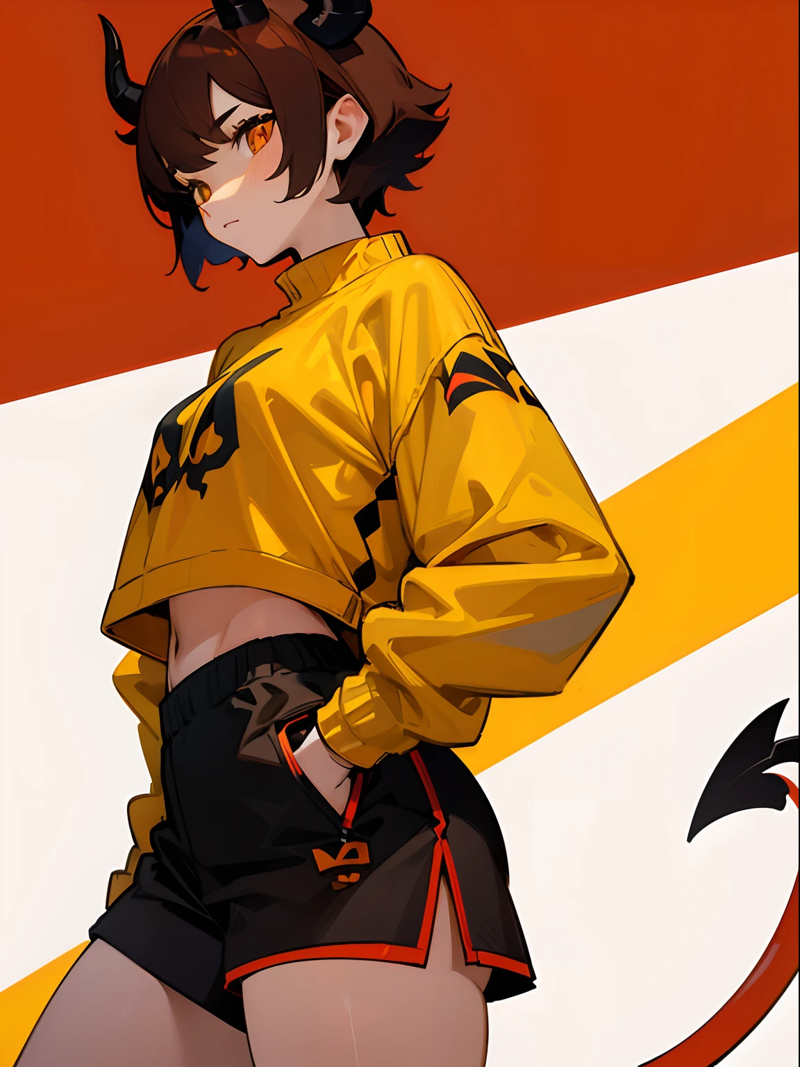 Brown lovely short hair trimmed under a long square.Yellow sweatshirt without patterns.The red horns of the demon and the tail of the demon.Short sports black shorts.