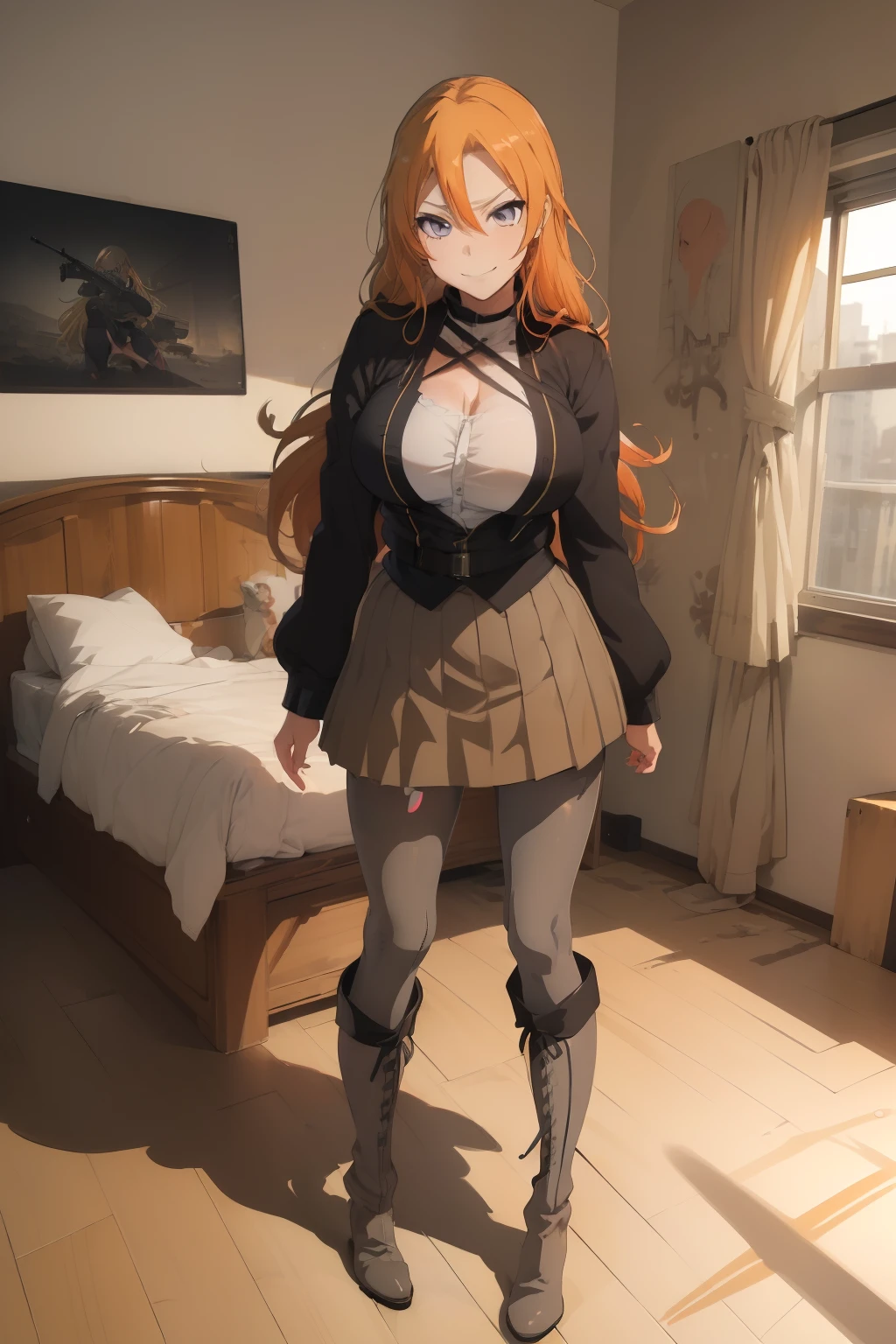 (masterpiece、top-quality、top-quality、Beautifully Aesthetic:1.2)、ighly detailed、highestdetailed、grey eyes、orange color hair|Semi-long blonde hair、((Military))、(pantyhose)、(Mini skirt)、Matsumoto Rangiku、(long boots)、graffiti art、Look at the viewer、A smile、Bedroom、on the beds