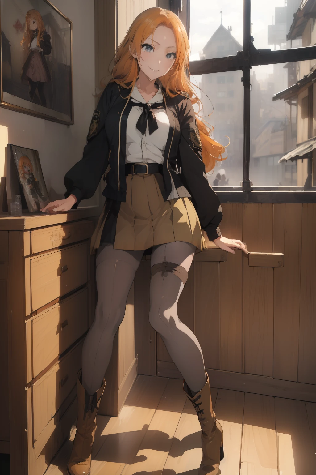 (​masterpiece、top-quality、top-quality、Beautifully Aesthetic:1.2)、ighly detailed、highestdetailed、grey  eyes、orange color hair|Semi-long blonde hair、((military outfits))、(pantyhose)、(Mini skirt)、Matsumoto Rangiku、(long boots)、graffiti art、Look at the viewer、A smile、Bedroom、on the beds、((lift up one's skirt))