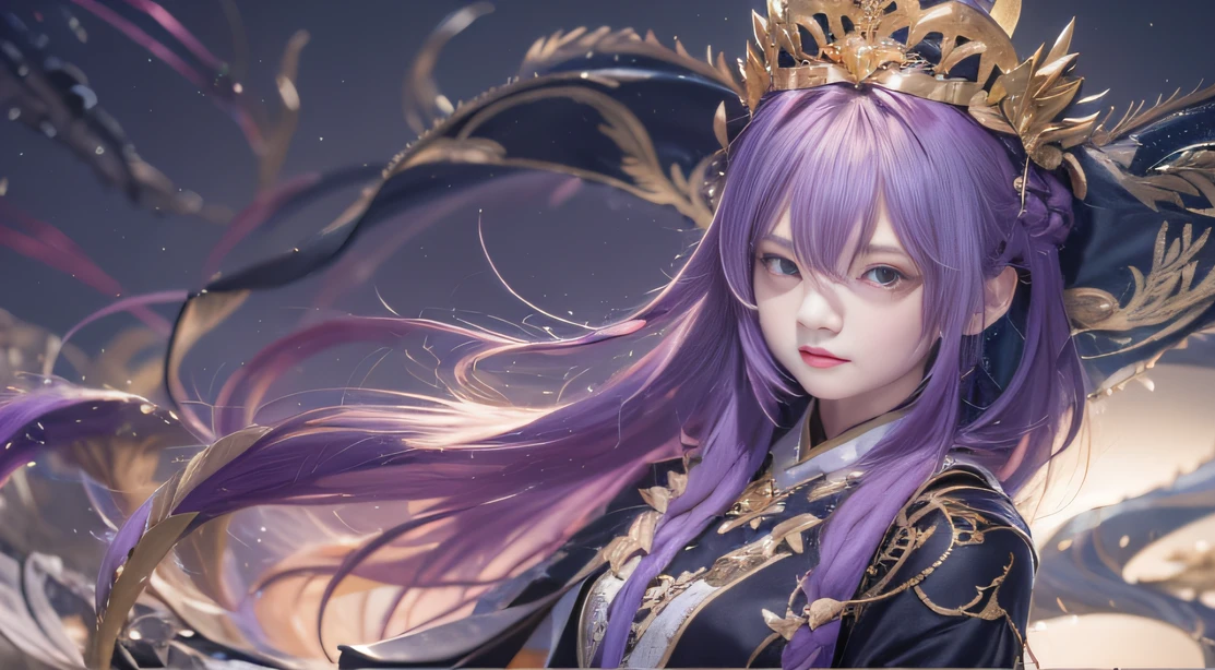 32K（tmasterpiece，k hd，hyper HD，32K）Long flowing bright purple hair，Autumn Pond，zydink， a color， Asian people （Playful girl）， （Silk scarf）， Combat posture， looking at the ground， long whitr hair， Floating bright purple， Fire cloud pattern gold tiara， Chinese long-sleeved gold silk garment， （abstract ink splash：1.2）， smoky background，Lotus protector（realisticlying：1.4），Bright purple hair，Smoke on the road，The background is pure， A high resolution， the detail， RAW photogr， Sharp Re， Nikon D850 Film Stock Photo by Jefferies Lee 4 Kodak Portra 400 Camera F1.6 shots, Rich colors, ultra-realistic vivid textures, Dramatic lighting, Unreal Engine Art Station Trend, cinestir 800，Long flowing bright purple hair