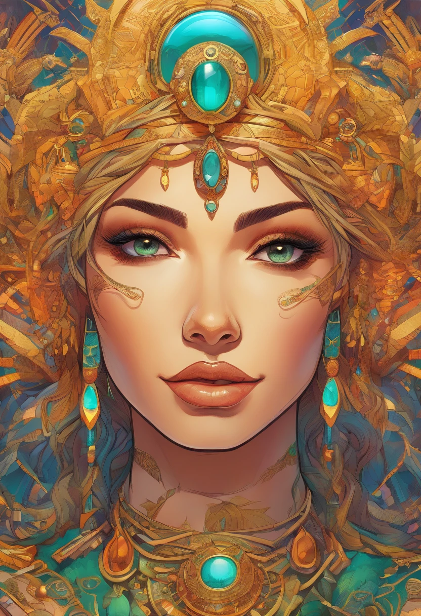 Stunning, Beautiful 35 years old Latin Brazilian Woman Goddess of Multiverse, Impossing, Athletic Body, Suntan Skin, Wearing Egyptian Jewels Futuristic Cut Armor with Bracelets and with Intricate Isometric Fluid Galaxy Bioluminescence Effects, symmetrical, with Galaxies orbiting her body, perfect detailed face, detailed symmetric circular Green iris pupils, ((Gorgeous Long Blonde Fluid Hair)), Realistic, intricately detailed, cinematic, Isometric, awesome full color, gritty, mucha, klimt, 16k, hight definition, cinematic, neoprene, behance contest winner, portrait featured on unsplash, smooth, ultra high definition, ultra sharp focus, intricate artwork masterpiece, ominous, epic, TanvirTamim, trending on artstation, highly detailed, vibrant
