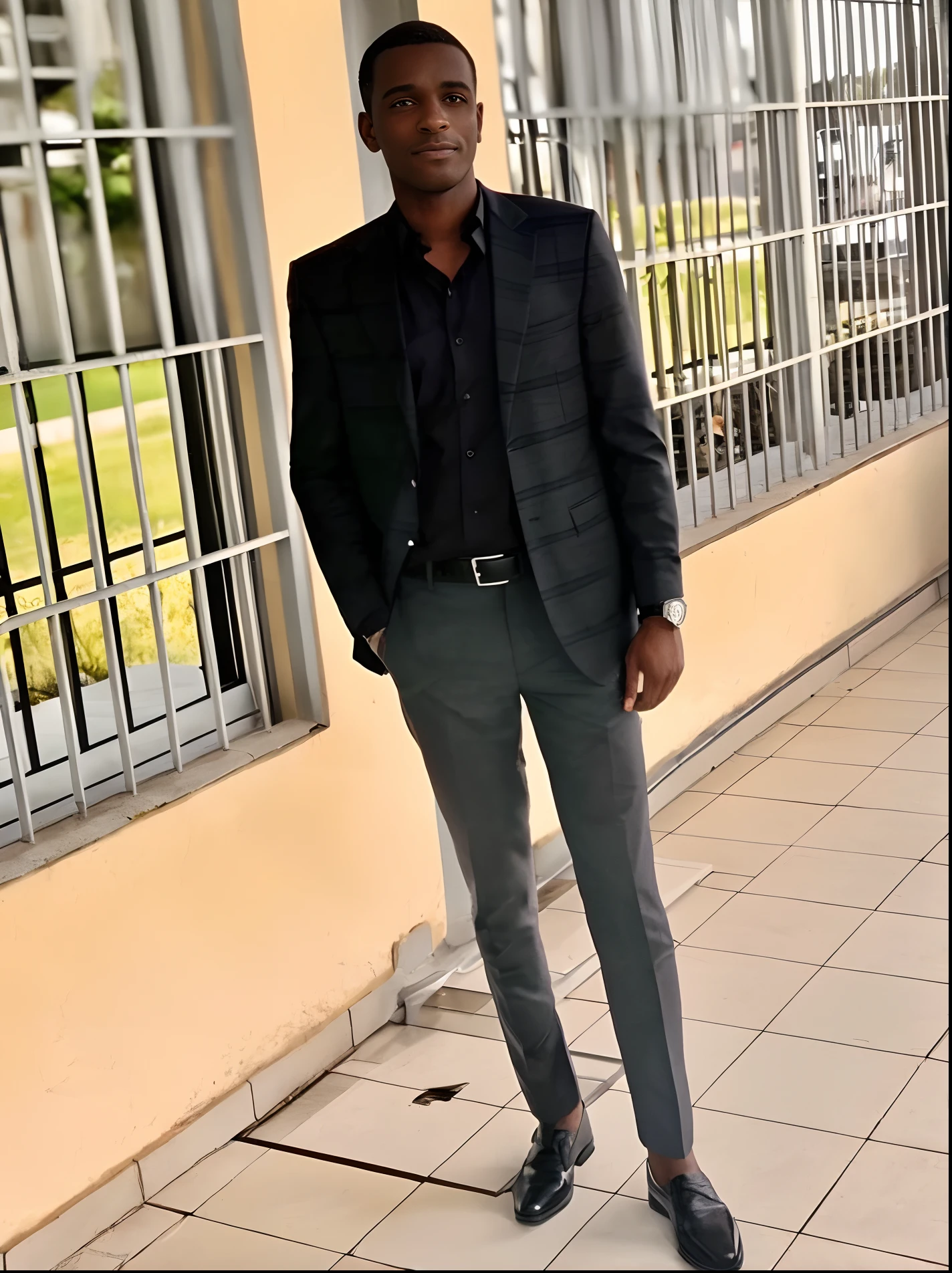 Il y a un homme debout devant un immeuble portant un costume, Image du corps entier, Porter un costume gris noir, Photographie du corps entier, Photo professionnelle, Photo de profil, wearing a business suit, Photogenic whole body shooting, transparent background, tenue vestimentaire formelle, doing an elegant pose, Standing and posing elegantly, business attire, Detailed professional photo, avec une pose cool