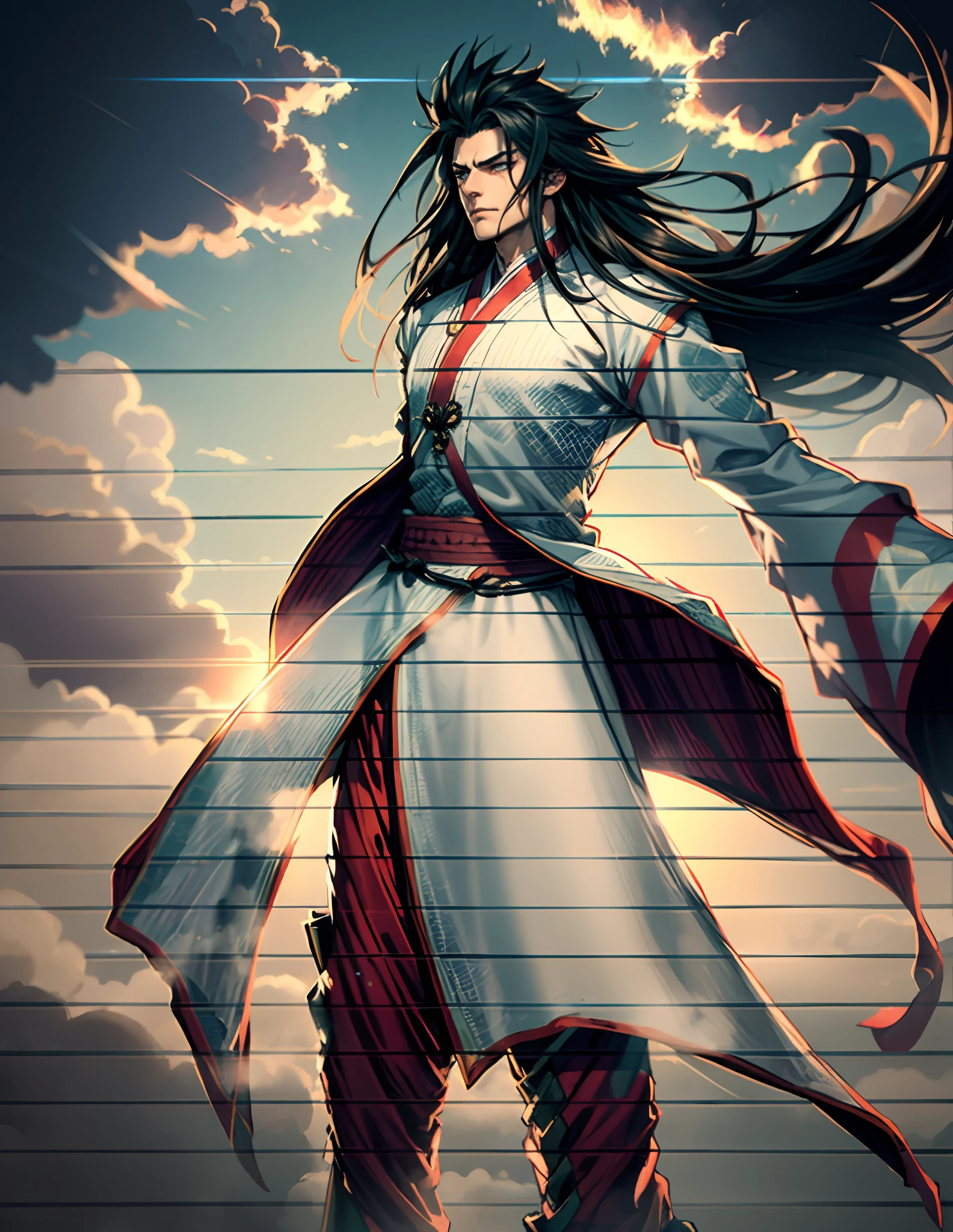 A man with disheveled long hair, a cascade of unruly locks, a handsome countenance, a carefree expression, tall and slender, wears a light-colored Chinese-style undershirt, over which he layers a loose dark-colored long daoist robe, long and wide sleeves, wears dark pants, surrounded by colorful clouds and mist, stands amidst a colorful sea of clouds and mist, this character embodies a finely crafted fantasy-style Chinese martial artist character in anime style, characterized by an exquisite and mature manga illustration art style, high definition, best quality, highres, ultra-detailed, ultra-fine painting, extremely delicate, professional, anatomically correct, symmetrical face, extremely detailed eyes and face, high quality eyes, creativity, RAW photo, UHD, 8k, Natural light, cinematic lighting, masterpiece:1.5