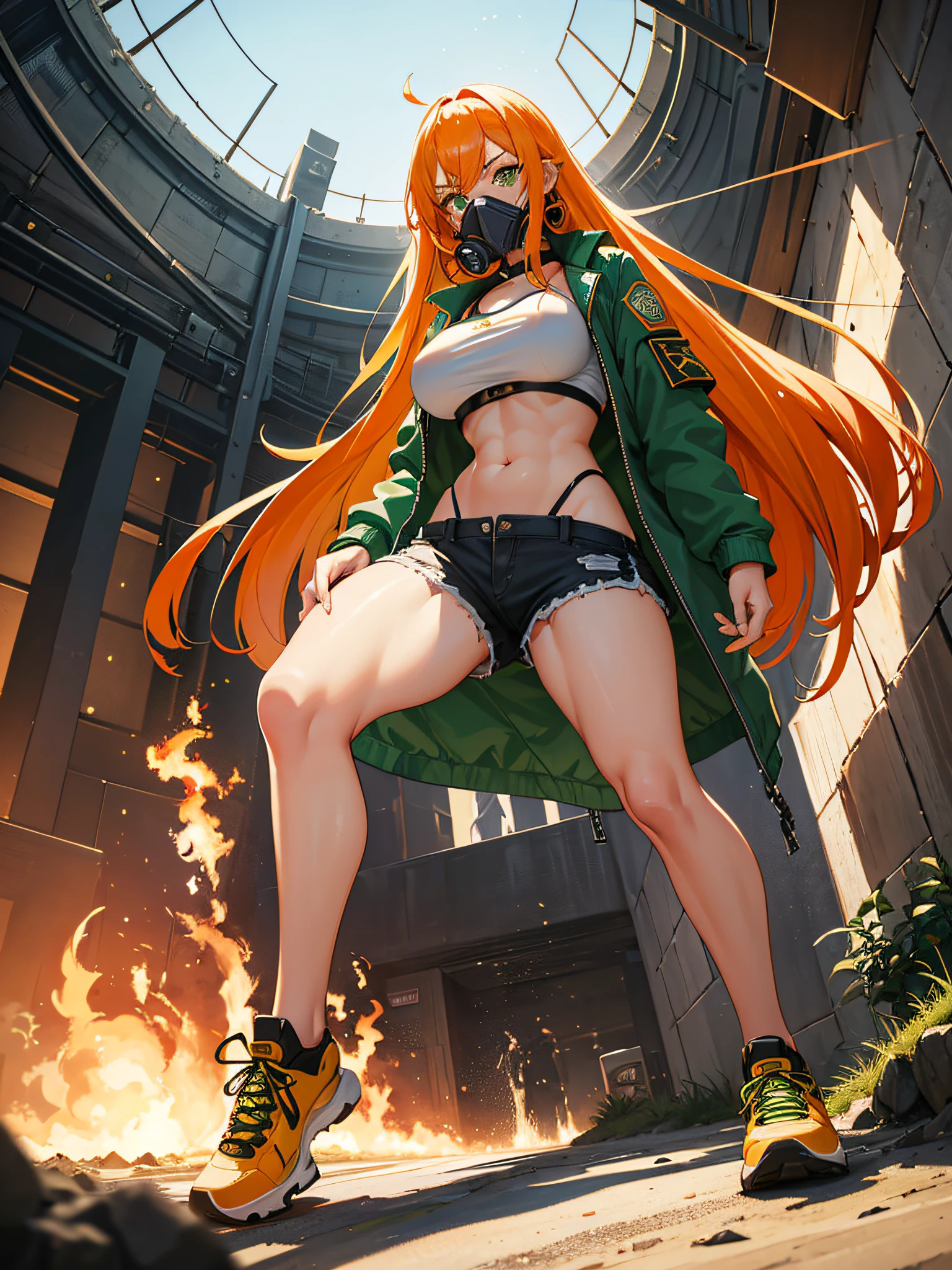 girl with gas mask on her face, long colored hair, orange and green gas around her, earrings, eyebrow piercing, ripped short shorts, long skit jacket, high top sneakers, sexy body, voluminous body, medium breasts, big ass , belly with muscle, full body, (ultra-realistic), {extremely detailed CG unit 8k wallpaper}, Expansive landscape photography, (a view from below that shows the grandeur of the character, expansive open field view), (low -angle shot), (light: 2.0), (warm light source: 1.5), complex details, (Iridescent colors: 1.5), (bright lighting), (atmospheric lighting), surreal, badass, (solo: 1.5)