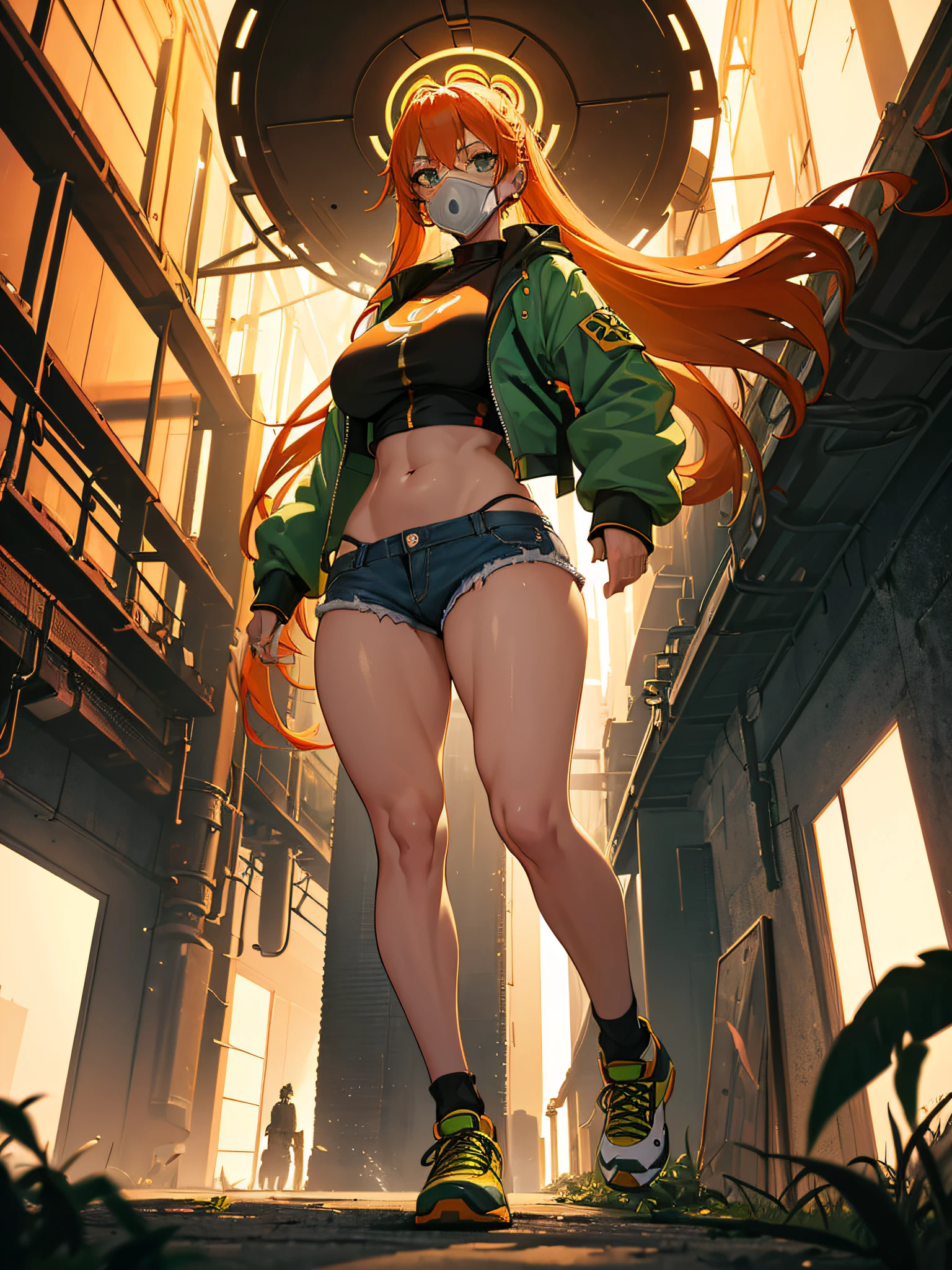 girl with gas mask on her face, long colored hair, orange and green gas around her, earrings, eyebrow piercing, ripped short shorts, long skit jacket, high top sneakers, sexy body, voluminous body, medium breasts, big ass , belly with muscle, full body, (ultra-realistic), {extremely detailed CG unit 8k wallpaper}, Expansive landscape photography, (a view from below that shows the grandeur of the character, expansive open field view), (low -angle shot), (light: 2.0), (warm light source: 1.5), complex details, (Iridescent colors: 1.5), (bright lighting), (atmospheric lighting), surreal, badass, (solo: 1.5)