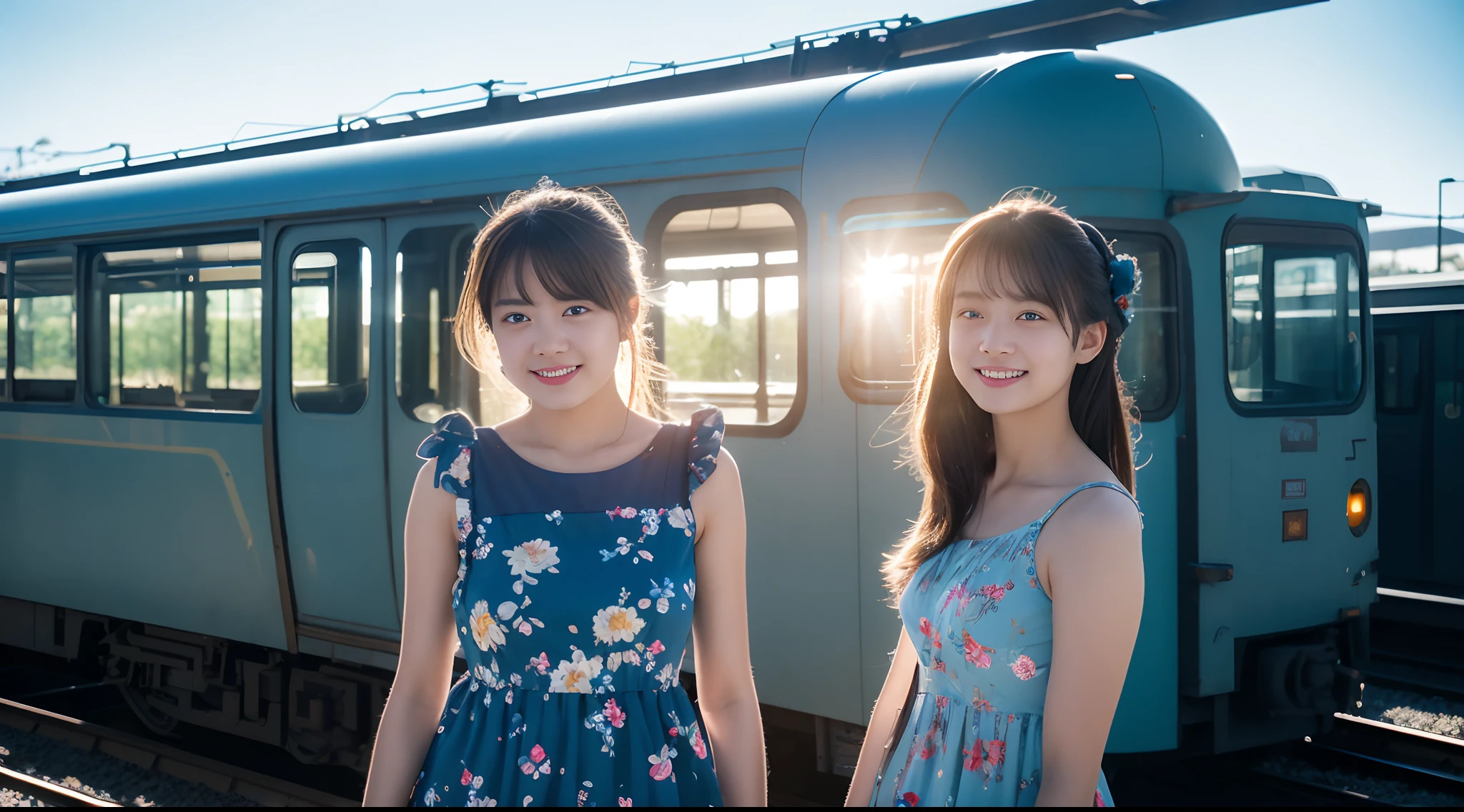 17-year-old girl in a light blue floral dress,Wait for the train at the station,There are blurred passers-by behind it,Ultra-realistic real people,A hopeful smile,extreme picture quality,Extreme light and shadow,Extreme light chasing,Extreme ambient light,bright sun,Enjoy the sun with your eyes closed,Sunlight shines on the face,8K,Quality ambient light,Extremely complex and intricate clothing textures,exquisite facial features,Extremely complex and super delicate and clear eyeballs,