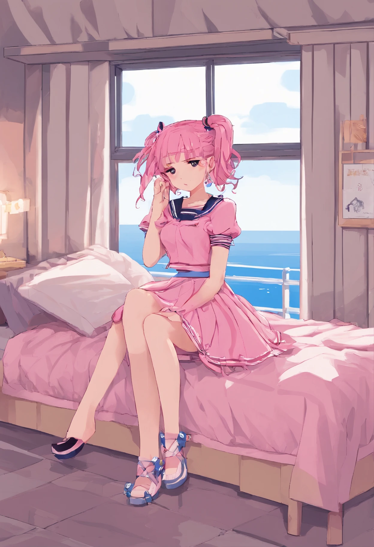 Beautiful illustration、top-quality、Cute s、Bedroom、A pink-haired、length hair、(((Pink pleated skirt)))、(((pink sailor suit)))、shortsleeves、Colossal tits、a navel、Flipping up the skirt with your hands、Show white panties、Pull up your skirt and show your panties、bare-legged、blue eyess、on the beds、lovely thighs、glowing thigh