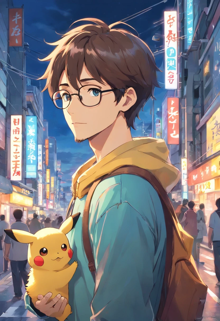 Homem de cor morena, of glasses and beard, with pikachu on his shoulder in the middle of Tokyo