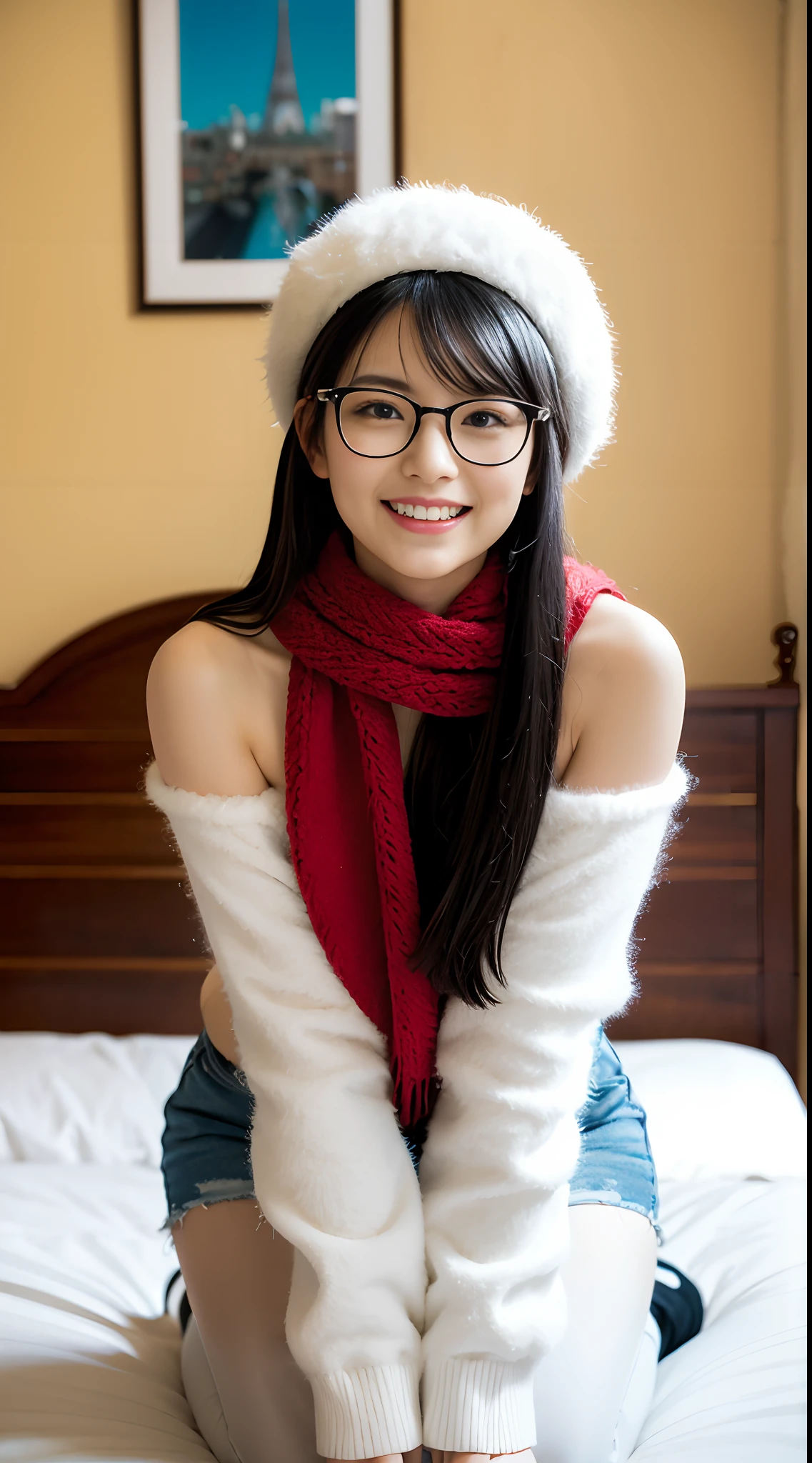Young 19 years old,girl, black hair,Shoulder length,black eyes,big black frame glasses, Cheerful expression,Vibrant, saturated , white long boots, red fur hat, red scarf, kneeling on the bed, leaning forward, side view, face down, in the bedroom, sunshine, blue sky with white cloud, snow on the buildings far away, winter, depth of field