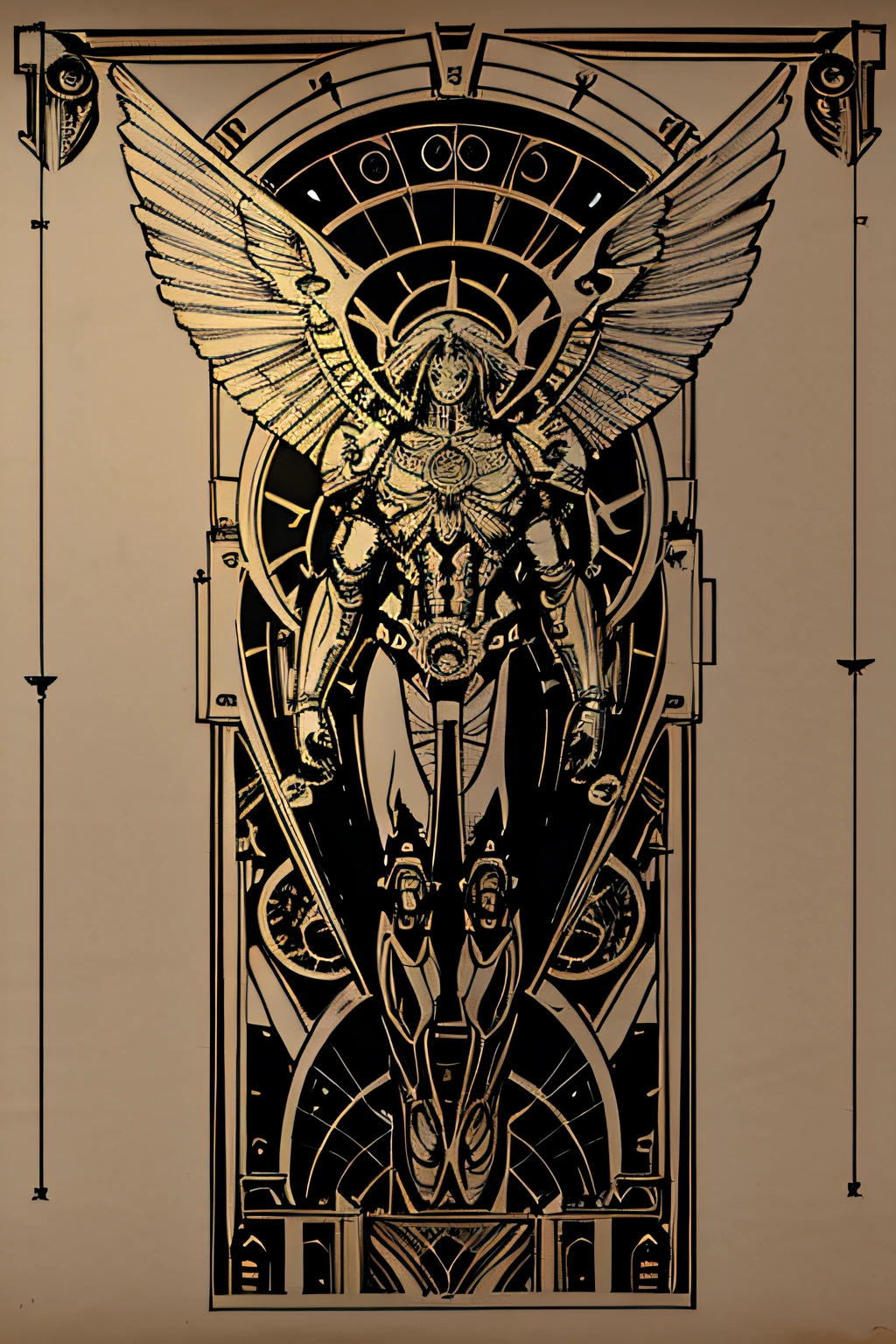 poster of a mechanical steampunk angel with large wings, technical Schematics viewed from front view full body pose on light white blueprint paper, Illustration drafting style, illustration, conceptual art, steampunk, cinematic, Leonardo da vinci Style, vitruvian man pose