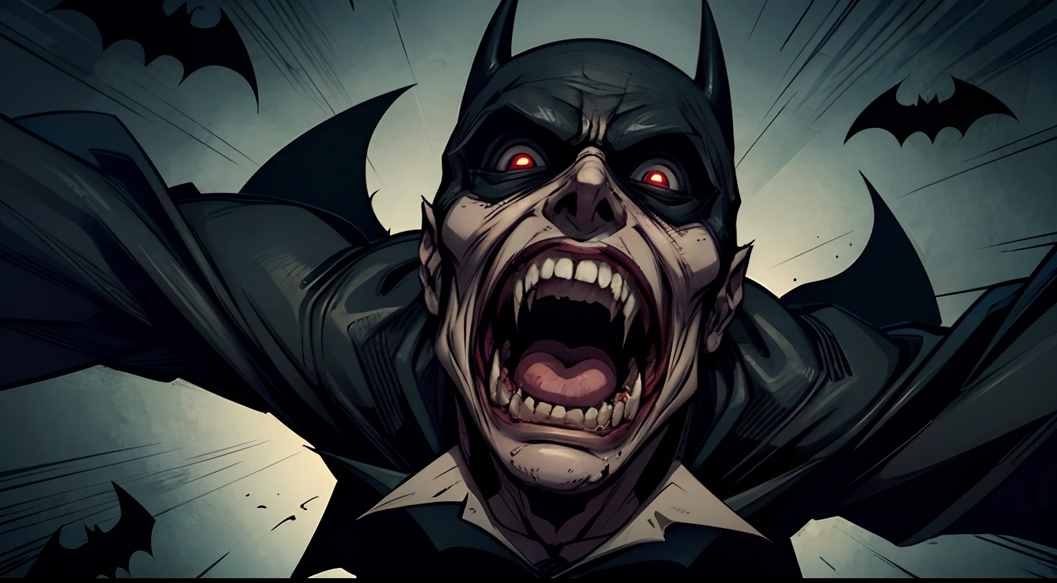 demonic batman, focus face, horror, depression, darkness, dark detailed background, masterpiece, eerie, unsettling, dark, spooky, suspenseful, grim