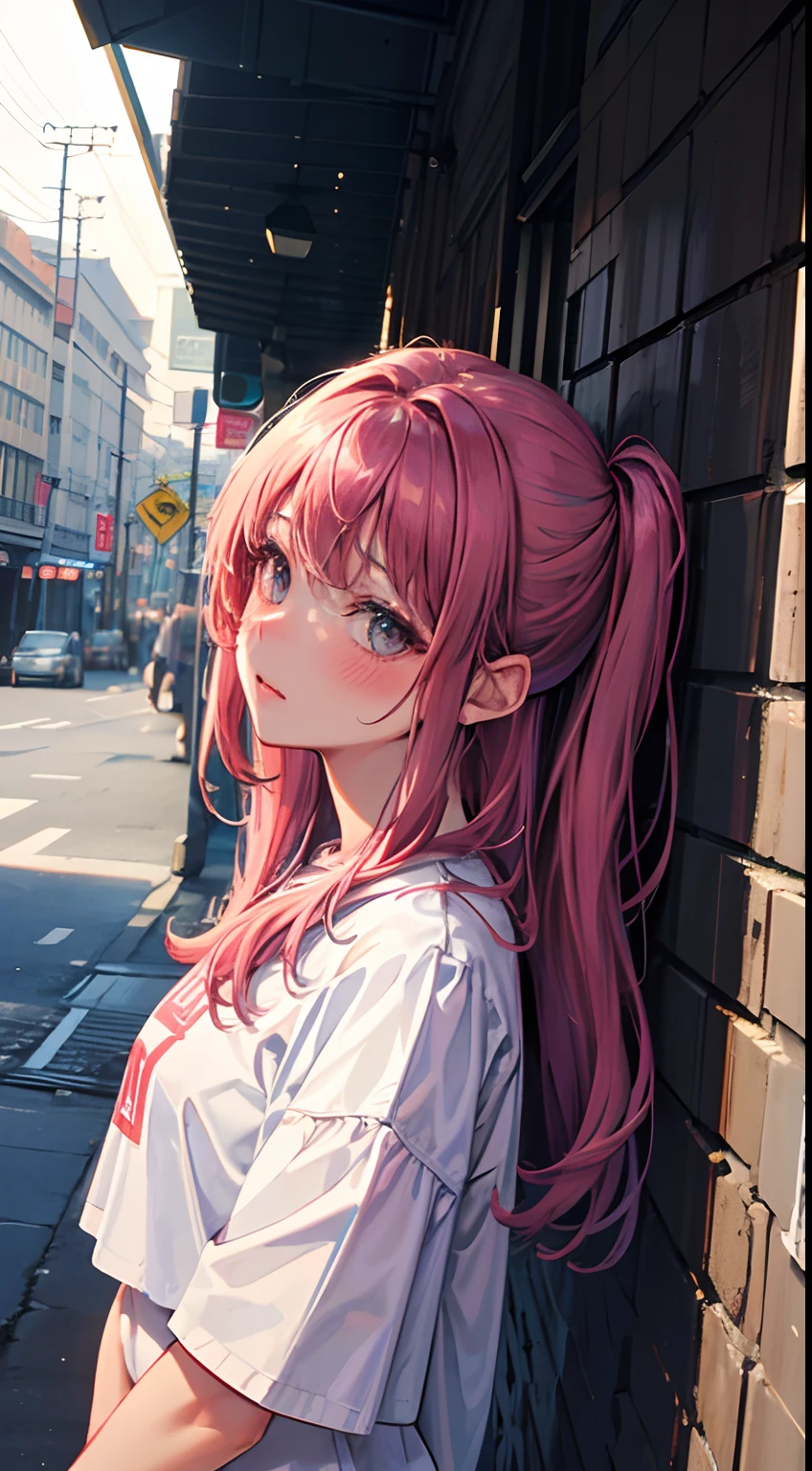 (maasterpiece),best quality, cute girl leaning on a wall, embarassed, blushing, intimate moment, cute, cropped shirt, looking down, high angle, close, BREAK she is embarassed, she is blushing, she is beauitful, cute imgae