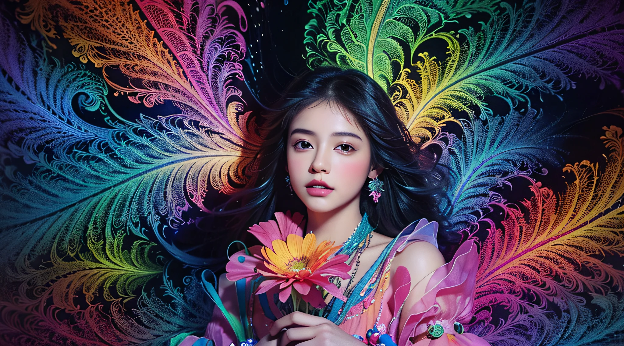 colorful flowers, feather, (masterpiece, top quality, best quality, official art, beautiful and aesthetic:1.2), (1girl:1.3), (fractal art:1.3),16K,FULL HD,NEON