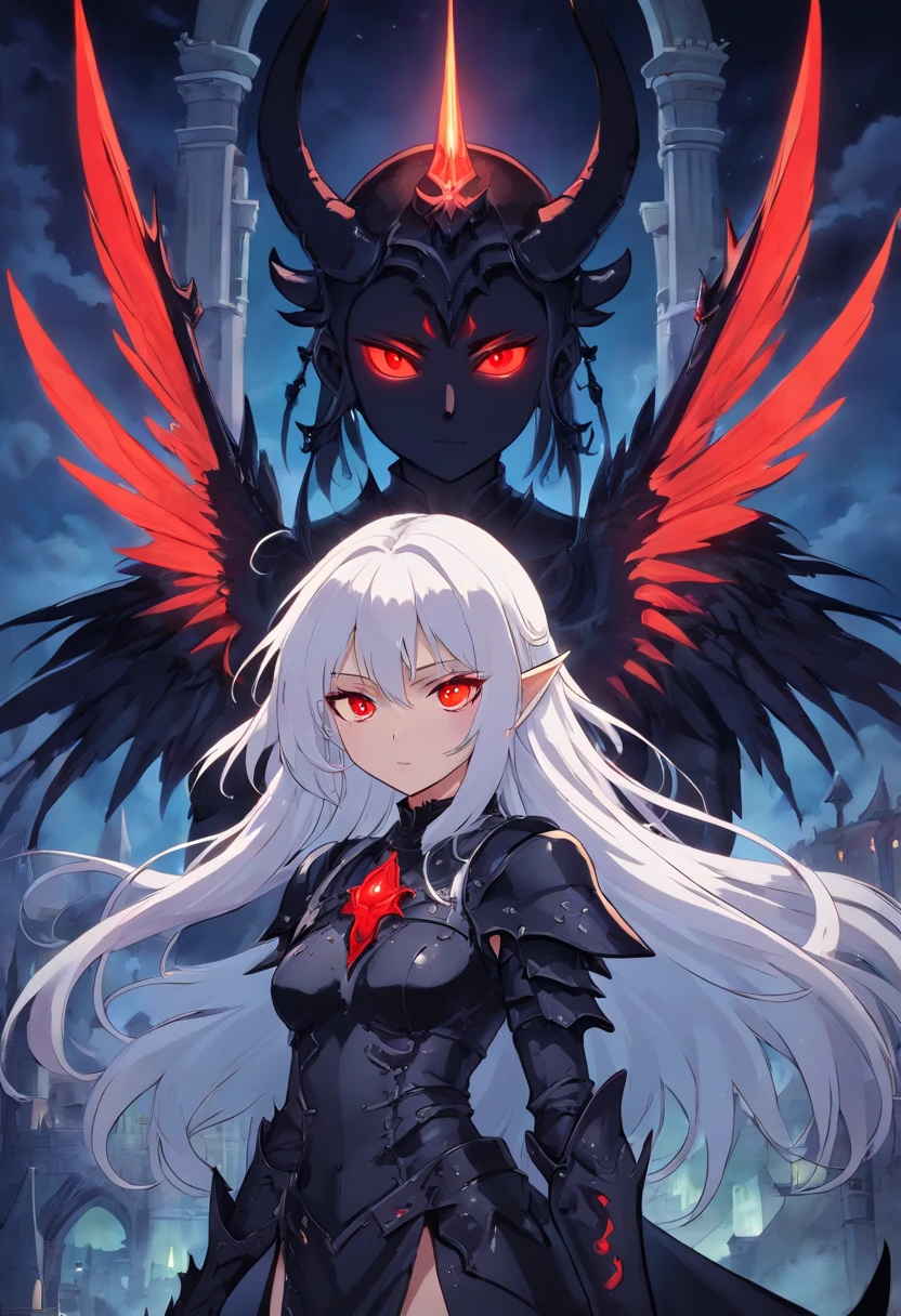 The most beautiful and sexy demon goddess, long white hair, glowing red eyes, wearing detailed black gothic battle armor, black angel wings, tattoos and piercings, gothic castle, perfect masterpiece, high quality, high resolution
