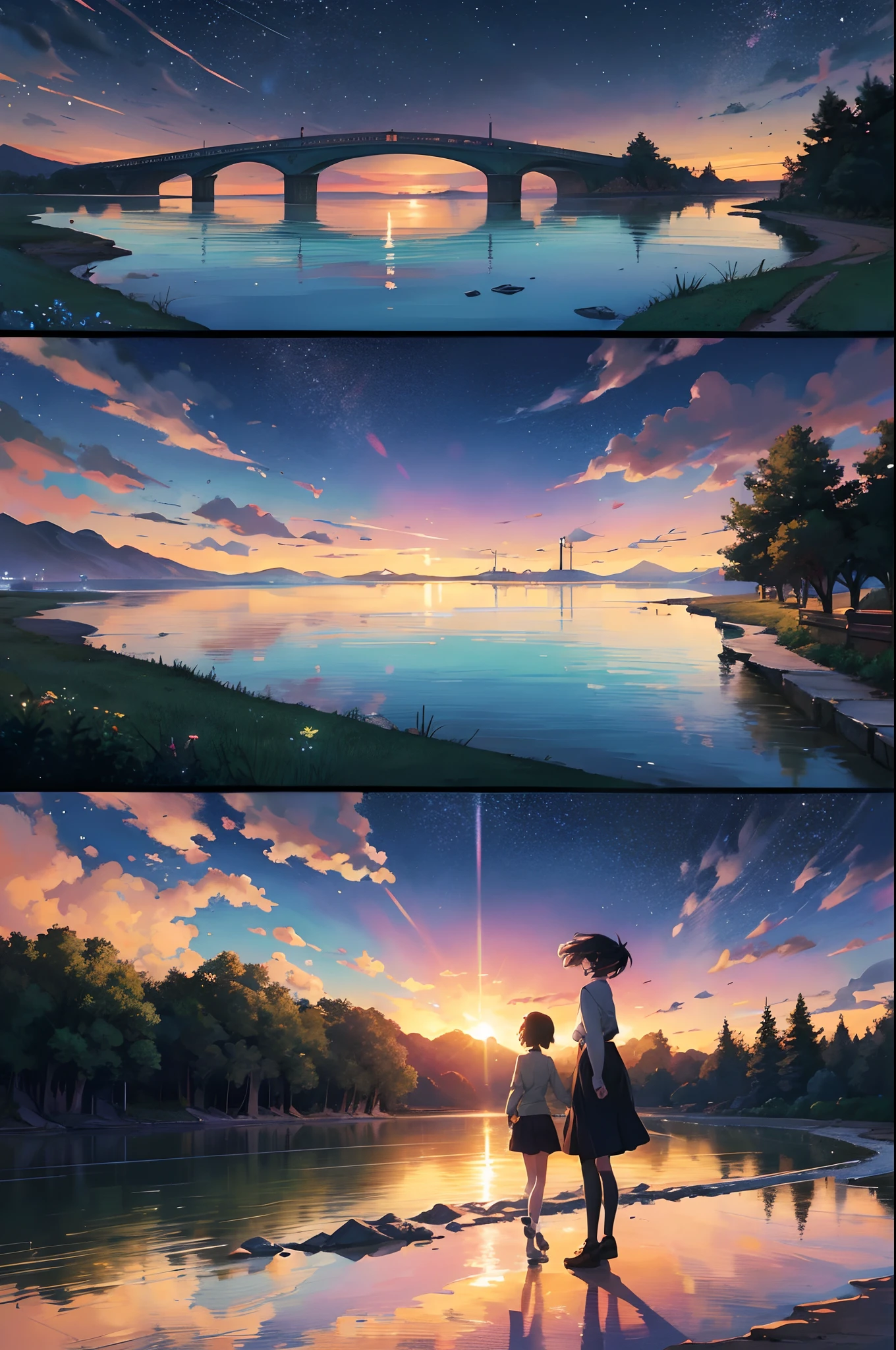 comic strip,Cartoon Split(4 or 5 or 6 tiles),Storyboard,Masterpiece, Anime train passing through bodies of water on tracks, Bright starry sky. Romantic train, Makoto Shinkai's picture, Pisif, concept-art, Lofi art style, Reflection. By Makoto Shinkai, Lofi art, beautiful anime scenes, Anime landscape, Detailed scenery —width 672, in the style of makoto shinkai, Makoto Shinkai's style, Enhanced detail.