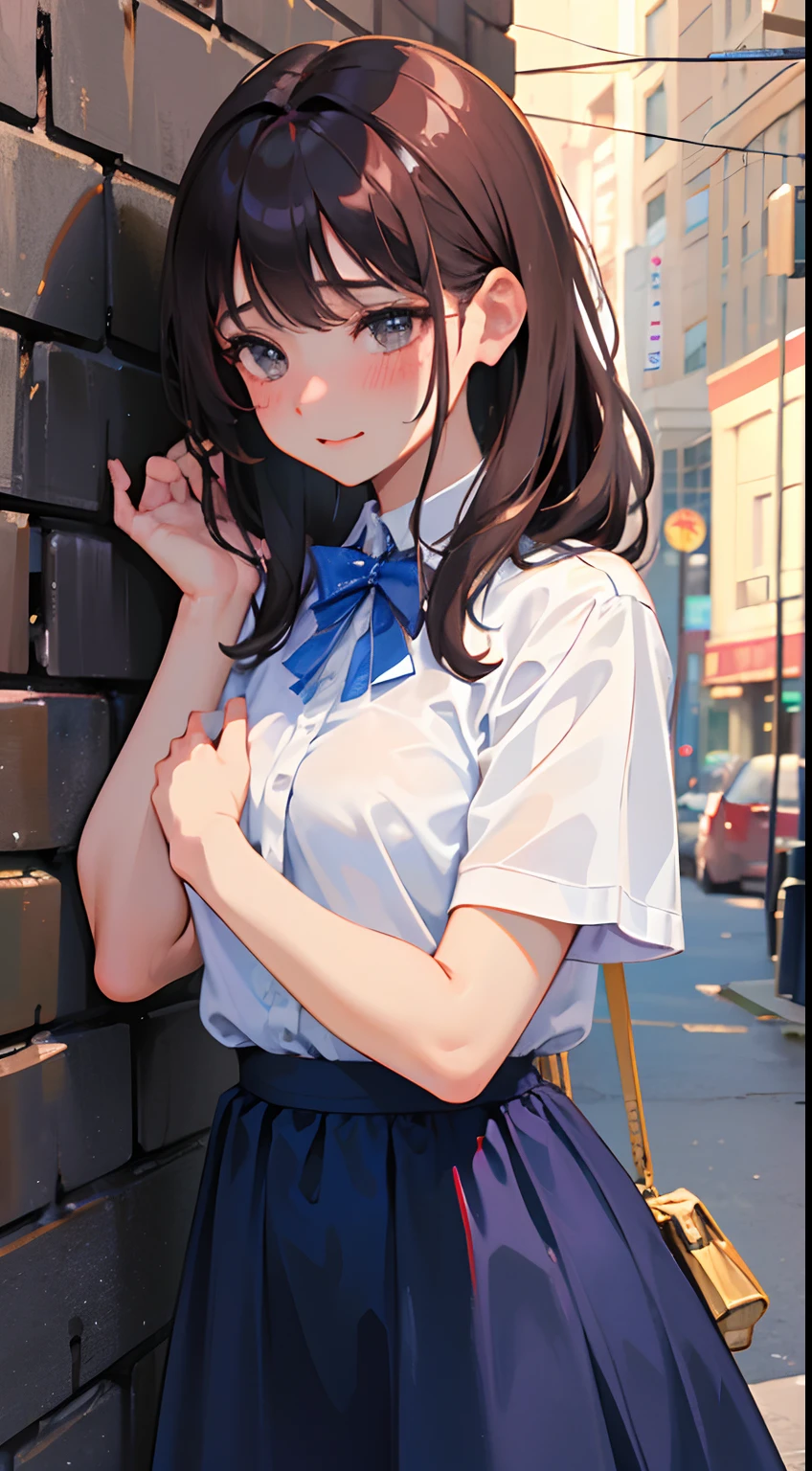 (masterpiece),best quality, cute girl leaning on a wall, embarassed, blushing, intimate moment, cute, cropped shirt, looking down, high angle, close, inside, 4k, stunning eyes, semi-realistic, BREAK she is embarassed, she is blushing, she is beauitful, cute image