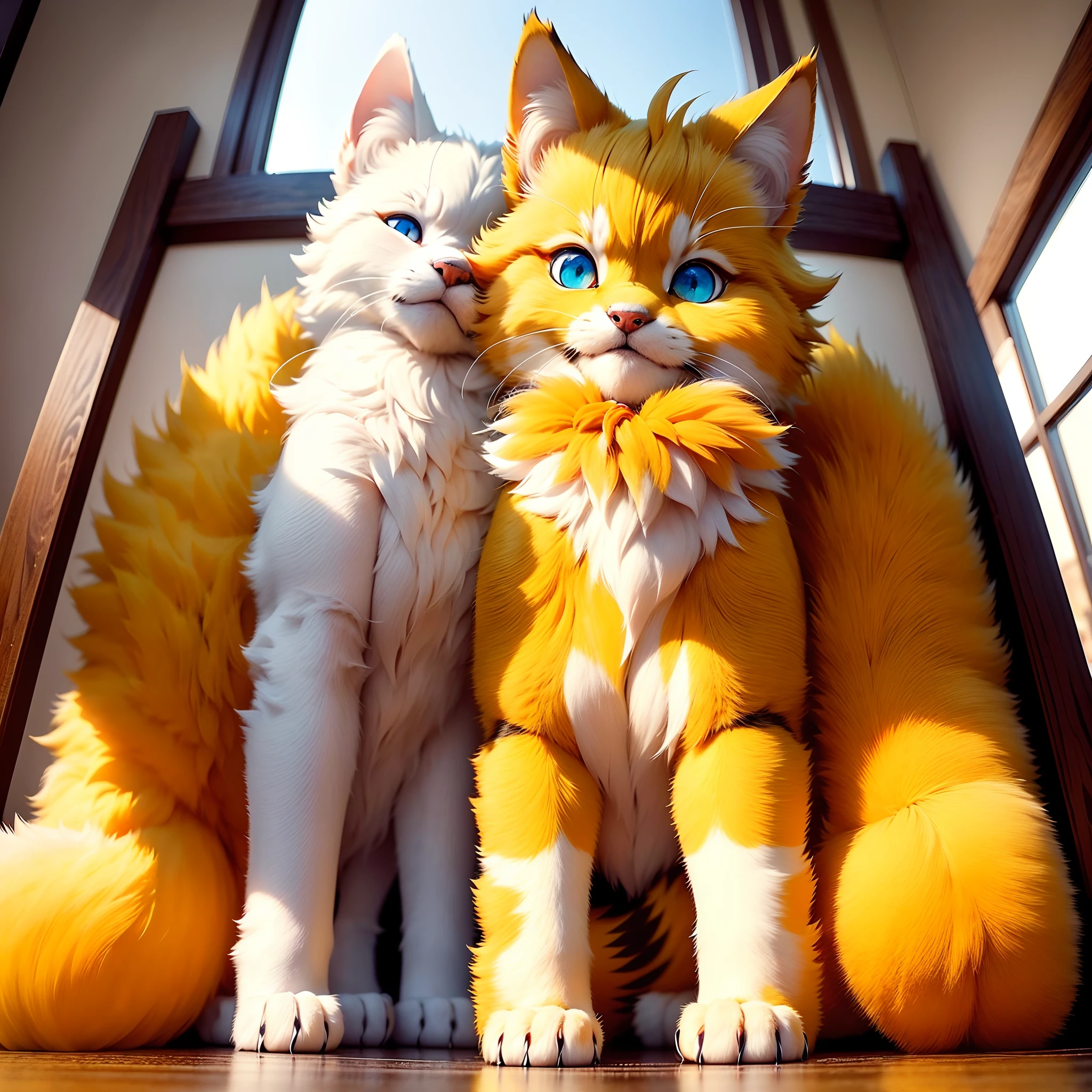 eyes with brightness, in a panoramic view, Character focus.(detailedbackground:0.7), 独奏, shaggy, Hairy male, Male focus, anthr,(Full Body Furry, Fluffy tail, Yellow fur, Blue eyes, Yellow hair:1.2), (long canines、、:1.2),(interiors、Seaside、Lovely:1.1)