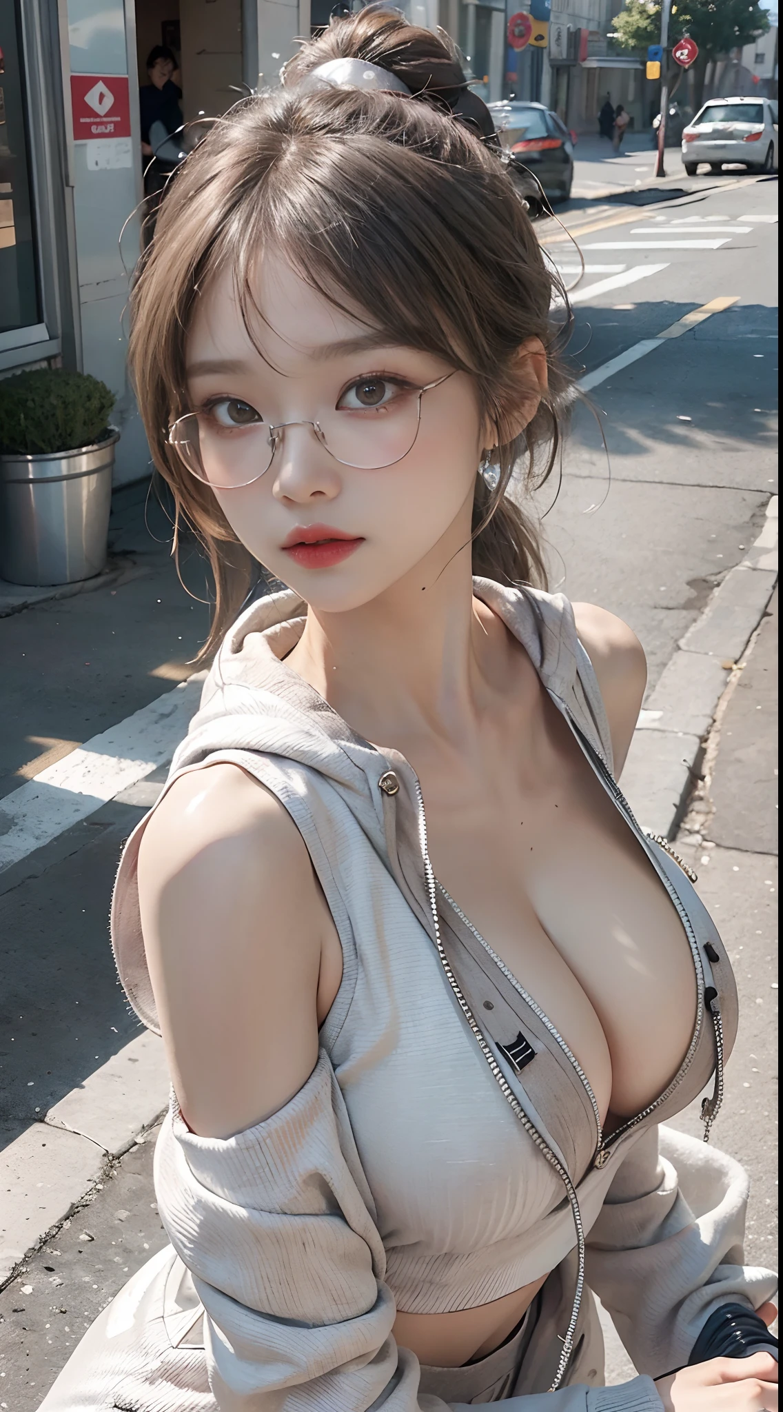 Top image quality、Raw photography、超A high resolution、18-year-old Korean、Glasses beauty、Colossal tits:1.5、cleavage of the breast:1.6、Healthy complexion、shiny white skin、((pony tail hair))、((Light brown silver hair))、Beautiful eyes with random colors、very thin lips、beautiful eyes finely detailed、elongated eyes、pale pink blush、long eyeslashes、Beautiful double eyelids、eyeshadows、耳Nipple Ring、(Fashionable glasses、One Piece Hoodie, Parker with Chuck Open、Shoulders fully exposed)、street snap、(Emphasize cleavage、Photograph the whole body)