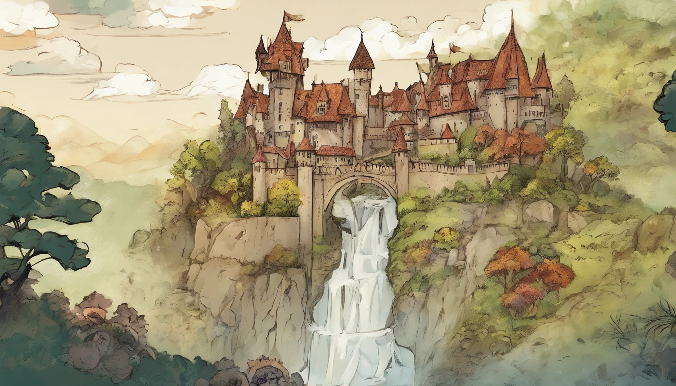 Um castelo magnifico ao fundo numa paisagem de fantasia, influence on the design of woodcuts