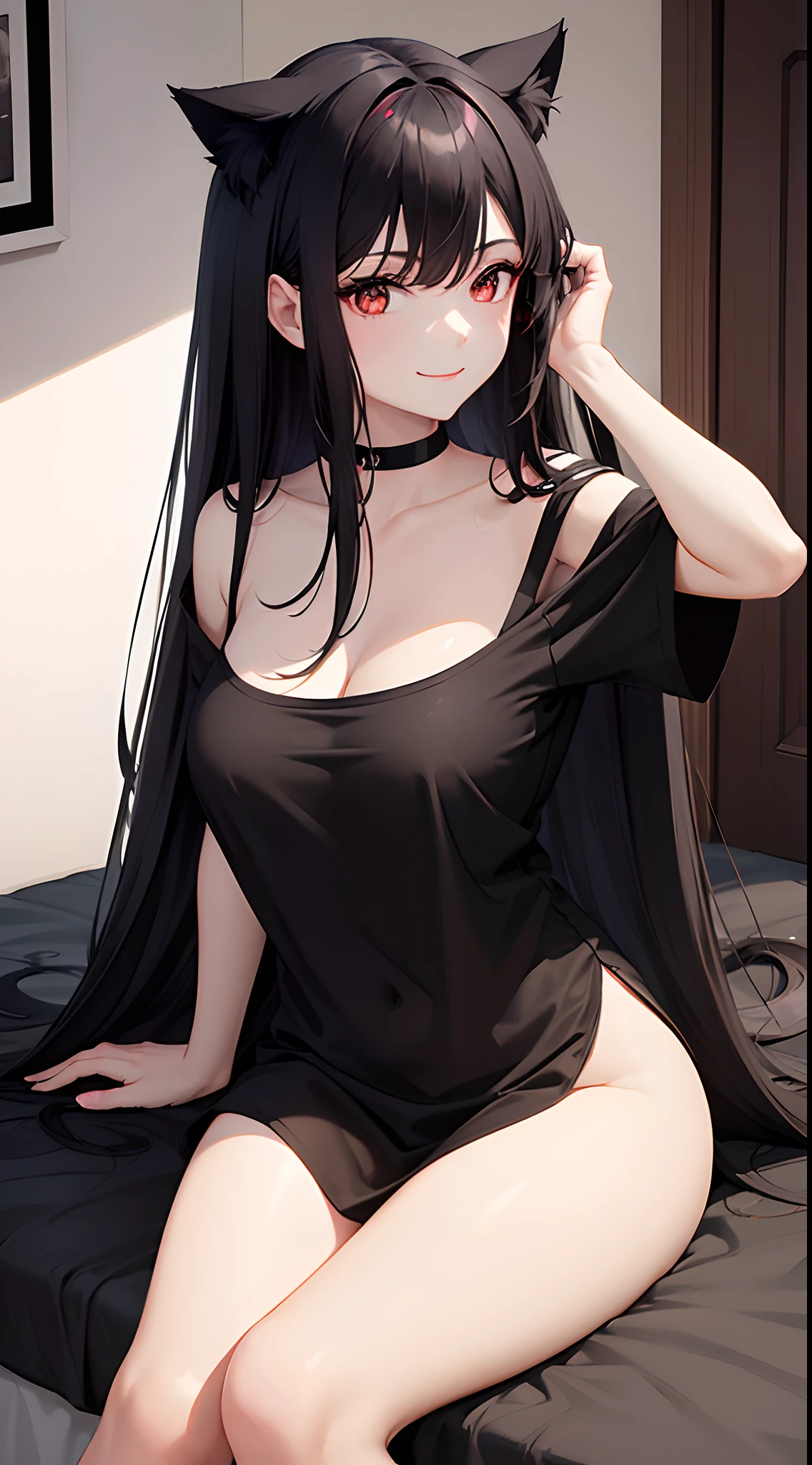 1 girl, long black t shirt until thighs, home, laying on the bed, sunbather position , long black hair, red colour eyes, smiling, excited, beautiful, pale skin, perfect body figure, normal breast 1:3, cute , neko style cat ears