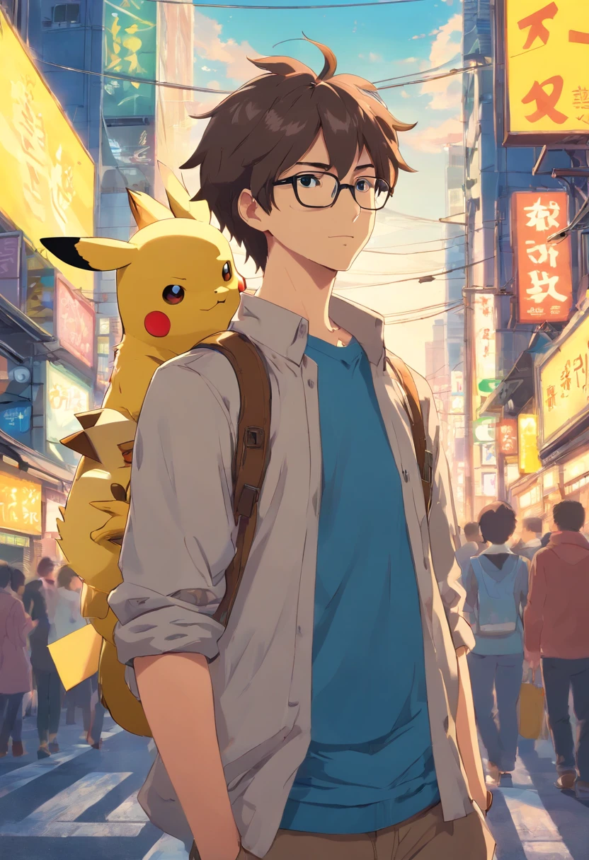 Homem de cor morena, of glasses and beard, with pikachu on his shoulder in the middle of Tokyo