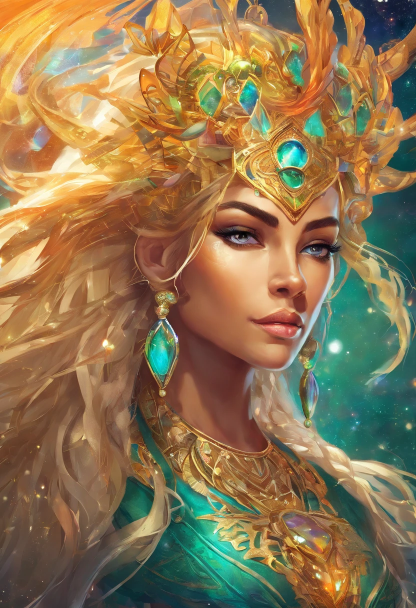 Stunning, Beautiful 35 years old Latin Brazilian Woman Goddess of Multiverse, Impossing, Athletic Body, Suntan Skin, Wearing Egyptian Jewels Futuristic Cut Armor with Bracelets and with Intricate Isometric Fluid Galaxy Bioluminescence Effects, symmetrical, with Galaxies orbiting her body, perfect detailed face, detailed symmetric circular Green iris pupils, ((Gorgeous Long Blonde Fluid Hair)), Realistic, intricately detailed, cinematic, Isometric, awesome full color, gritty, mucha, klimt, 16k, hight definition, cinematic, neoprene, behance contest winner, portrait featured on unsplash, smooth, ultra high definition, ultra sharp focus, intricate artwork masterpiece, ominous, epic, TanvirTamim, trending on artstation, highly detailed, vibrant