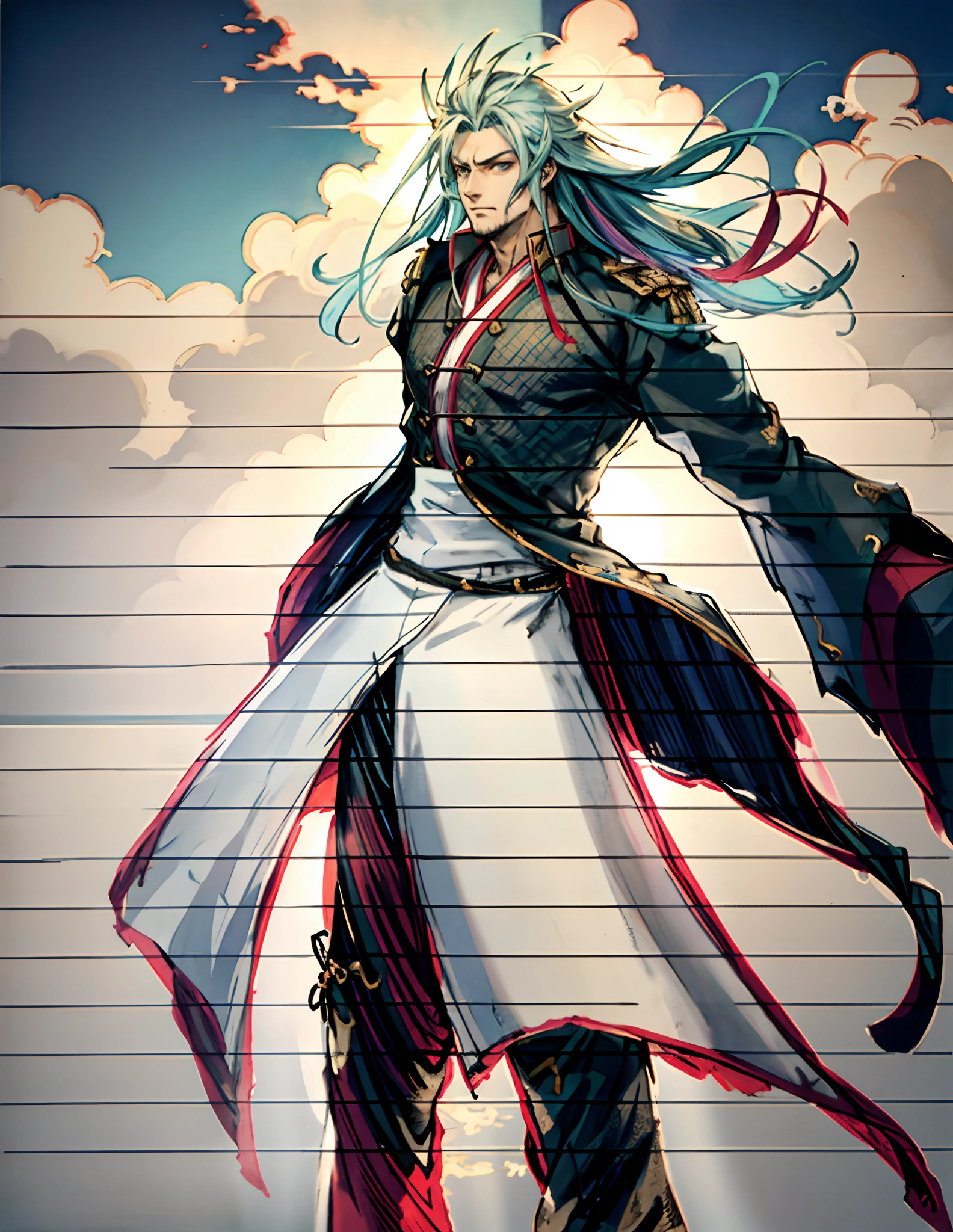 A man with disheveled long hair, a cascade of unruly locks, a handsome countenance, a carefree expression, tall and slender, wears a light-colored Chinese-style undershirt, over which he layers a loose dark-colored long daoist robe, long and wide sleeves, wears dark pants, surrounded by colorful clouds and mist, stands amidst a colorful sea of clouds and mist, this character embodies a finely crafted fantasy-style Chinese martial artist character in anime style, characterized by an exquisite and mature manga illustration art style, high definition, best quality, highres, ultra-detailed, ultra-fine painting, extremely delicate, professional, anatomically correct, symmetrical face, extremely detailed eyes and face, high quality eyes, creativity, RAW photo, UHD, 8k, Natural light, cinematic lighting, masterpiece:1.5