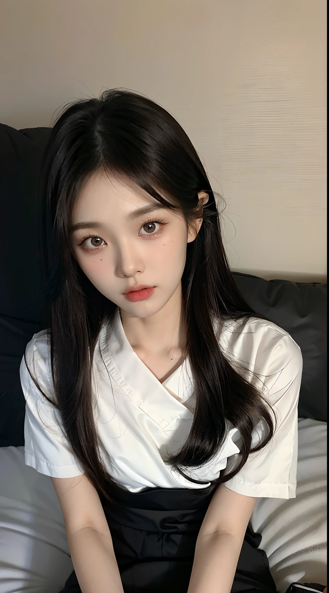 ​masterpiece、top-quality)、1 beutiful girl、Slim body、((Black and white plain clothes:1.1))、(Detailed beautiful eyes)、Shot in a dark bedroom、((Boyish Brown Medium Hair))、((Smaller face))、((Neutral face))、((Light brown eyes))、((Korean Girl))、((18year old))、((cool lady))、((Embarrassed expression))、((Korean Makeup))、((elongated and sharp eyes))、((Happy House Date))、((boyish))、((The lights are dim))、((Sleeping on a futon))、((Photograph her from above))