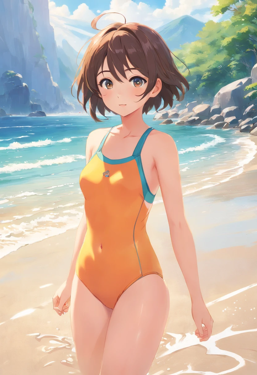 (best quality, realistic), 1 girl, Takagi-san, teasing master takagi-san, wearing swimming suit, cute, watery eyes, beach, summer vibes, sand, sunshine, vibrant colors, playful atmosphere, water splashes