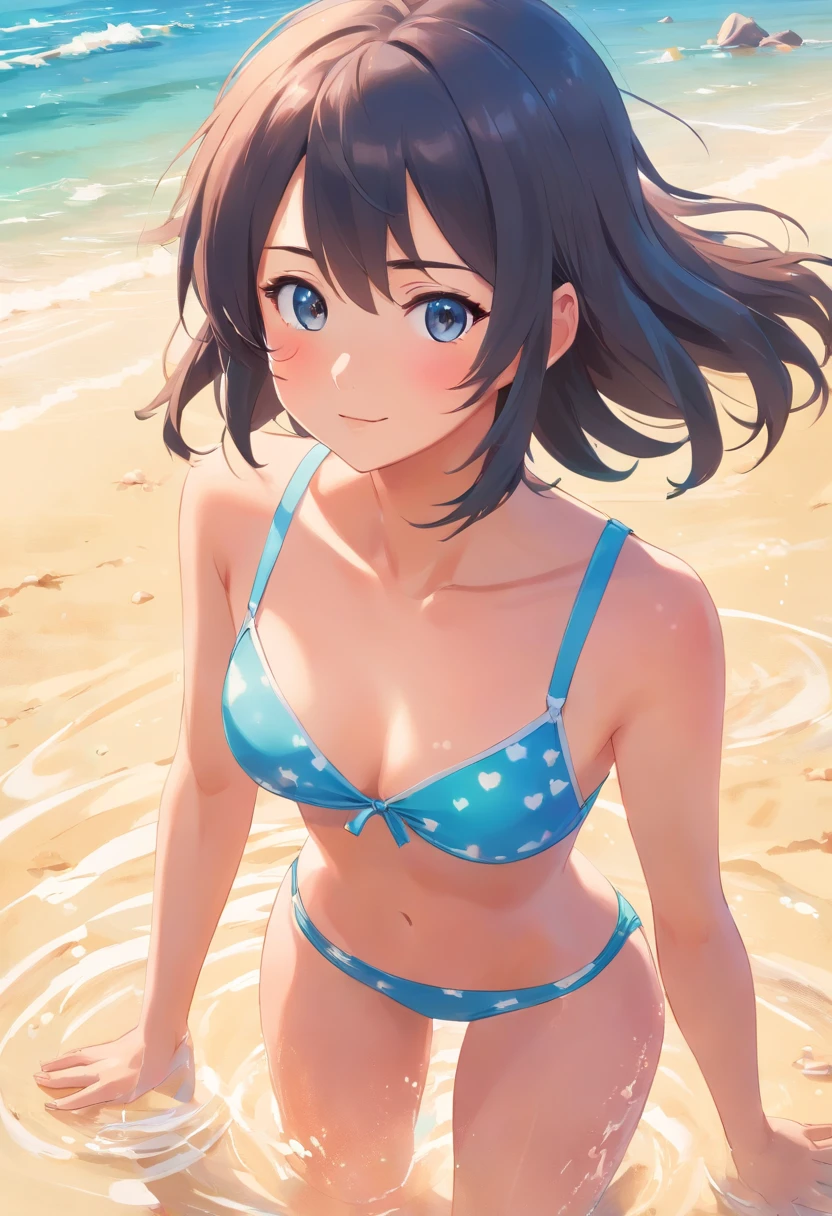 (best quality, realistic), 1 girl, Takagi-san, teasing master takagi-san, wearing swimming suit, cute, watery eyes, beach, summer vibes, sand, sunshine, vibrant colors, playful atmosphere, water splashes