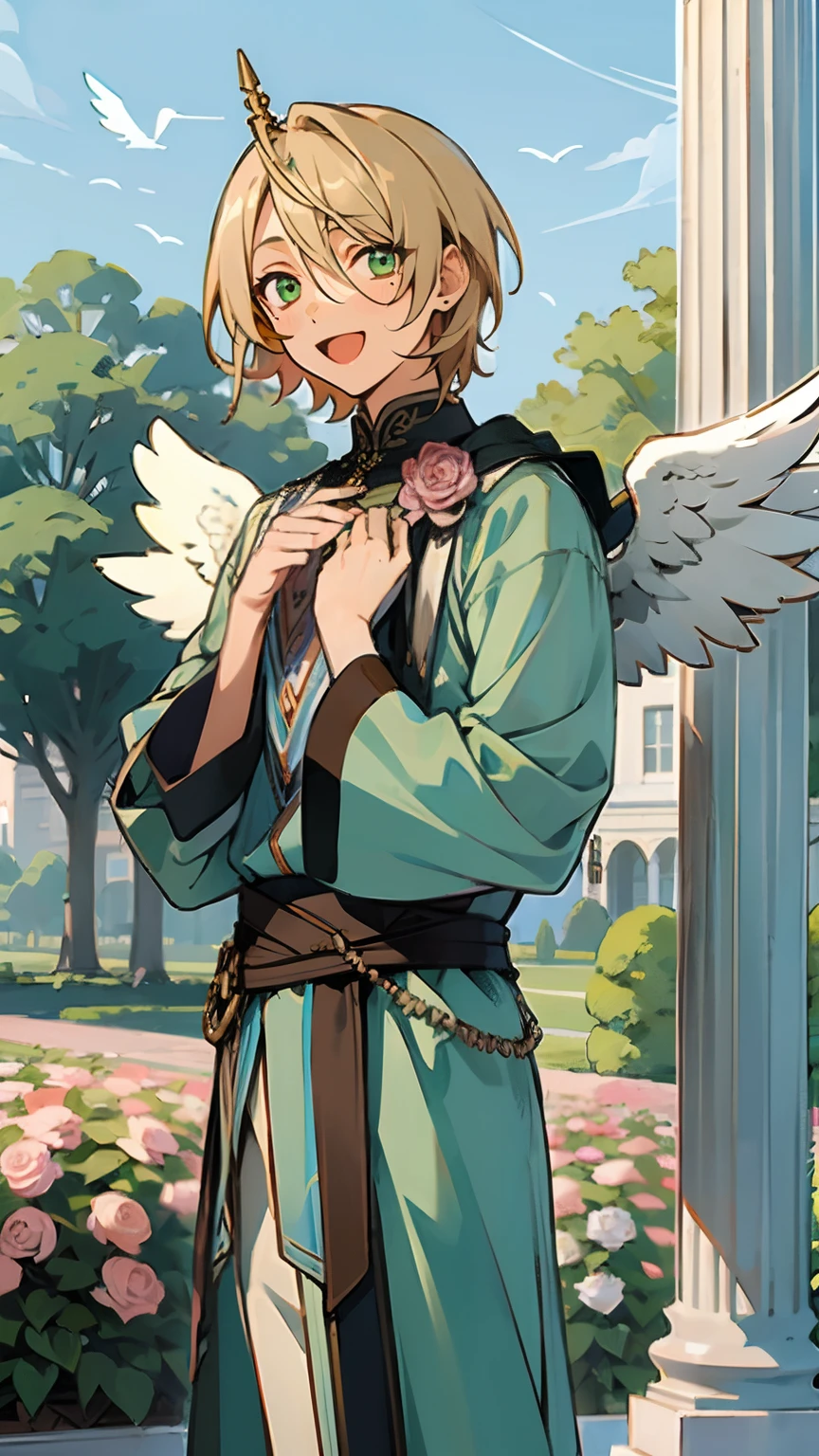 ,aira, solo, looking at viewer, smile, short hair, open mouth, blonde hair, long sleeves, 1boy, hair between eyes, jewelry, green eyes, flower, male focus, outdoors, wings, sky, day, tree, rose, hand on own chest, feathered wings, single horn, pink flower, angel wings, bush, pink rose, pillar, garden, column